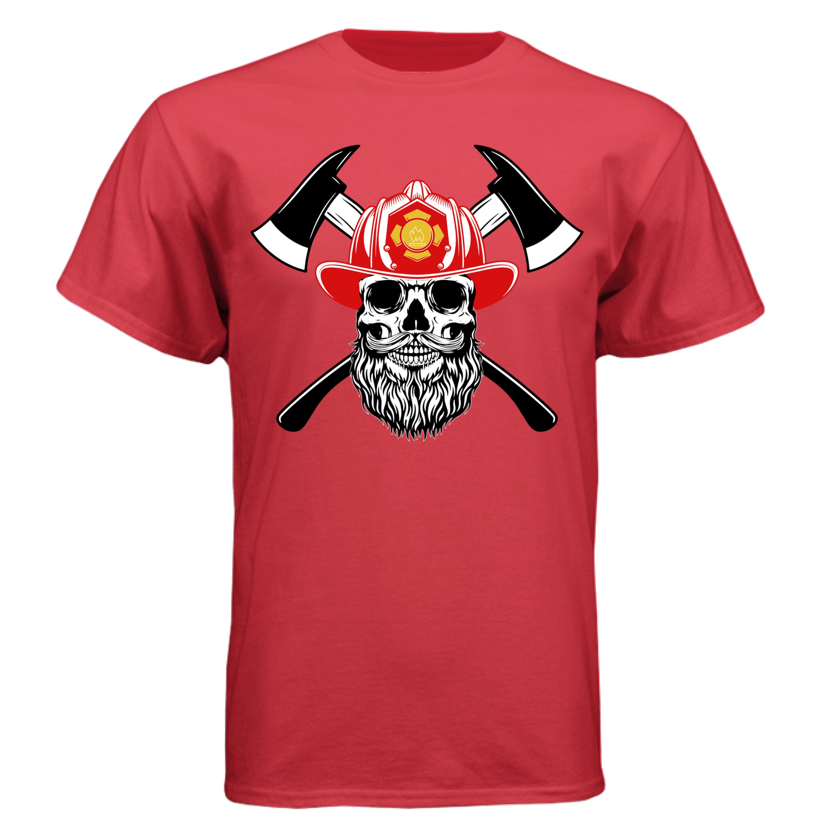 Firefighter Skull with Bearded Helmet Axes Art Tee Shirt Design DEEP RED - FRONT