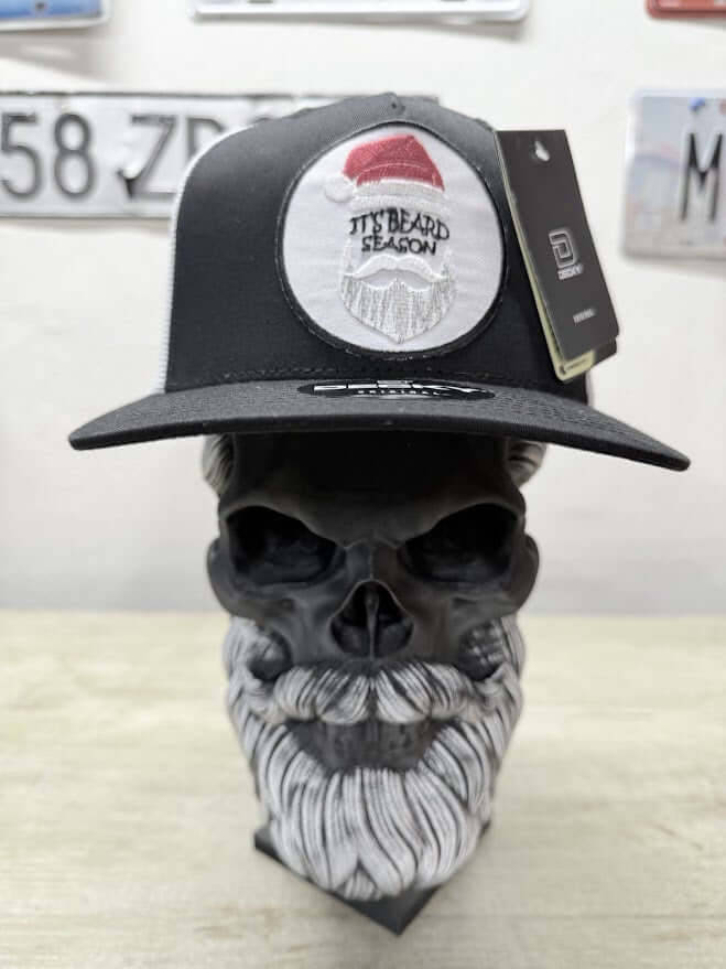 Holiday Skull Trucker Hat with Beard santa in Front