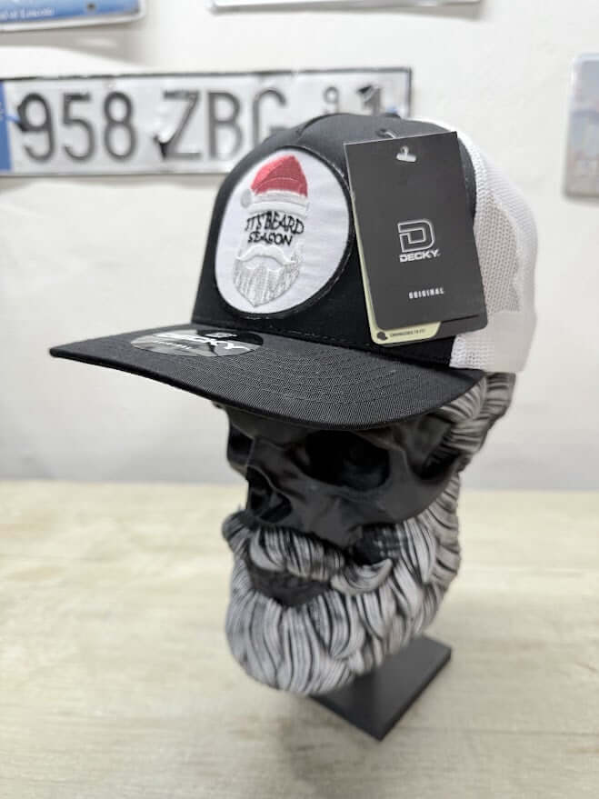 Holiday Skull Trucker Hat with Santa Beard hat Side