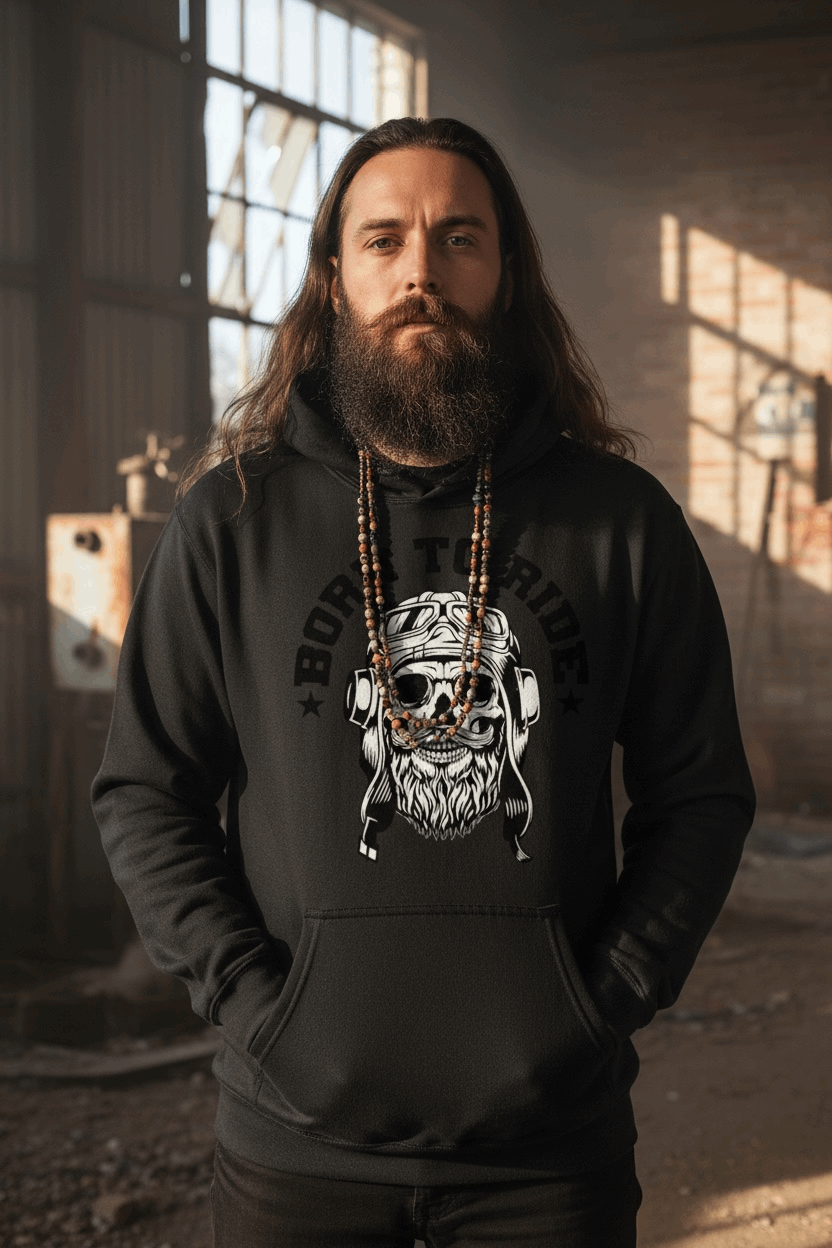 Bearded Biker wearing a hoodie featuring vintage skull design with headphones and a flowing beard.