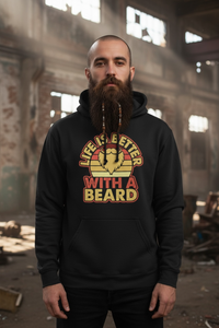 Man wearing a black hoodie with the text 'Life is Better with a Beard' and a retro graphic design.