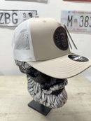 Side view of fear the beard trucker hat with leather patch, Shop Beardguyshatclub