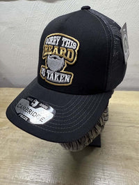 side front view of black color sorry this beard is taken trucker hat made in usa,
