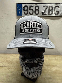 Bearded For HIS Pleasure trucker hat, gray cap with mesh back, perfect gift for bearded men.