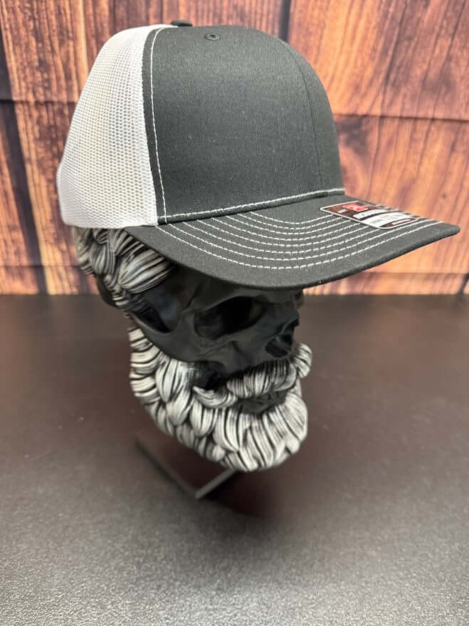 St Patrick’s Day Lucky Beard Skull Trucker Hat front view,  St Patrick’s Day Lucky Beard Skull Trucker Hat side mesh panel,  St Patrick’s Day Lucky Beard Skull Trucker Hat adjustable snapback back view,  Lucky Beard Skull graphic detail on St Patrick’s Day trucker hat