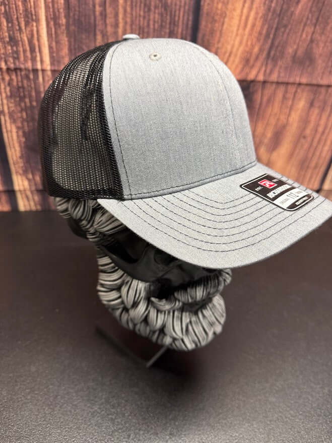 St Patrick’s Day Lucky Beard Skull Trucker Hat front view,  St Patrick’s Day Lucky Beard Skull Trucker Hat side mesh panel,  St Patrick’s Day Lucky Beard Skull Trucker Hat adjustable snapback back view,  Lucky Beard Skull graphic detail on St Patrick’s Day trucker hat
