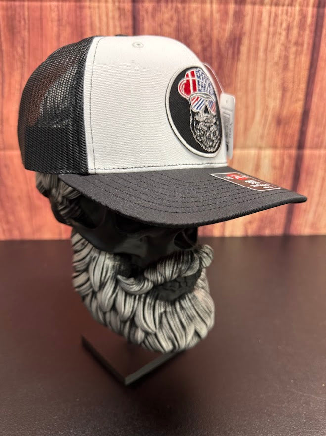 USA Bearded Skull Patriot Patch On Trucker Hat Great For 4th of July