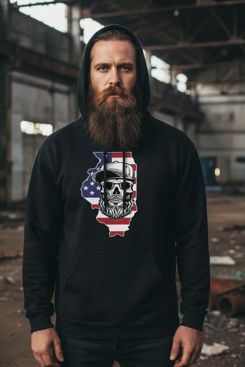 Illinois Bearded Skull Hoodie Midwest Grit, Bearded Power