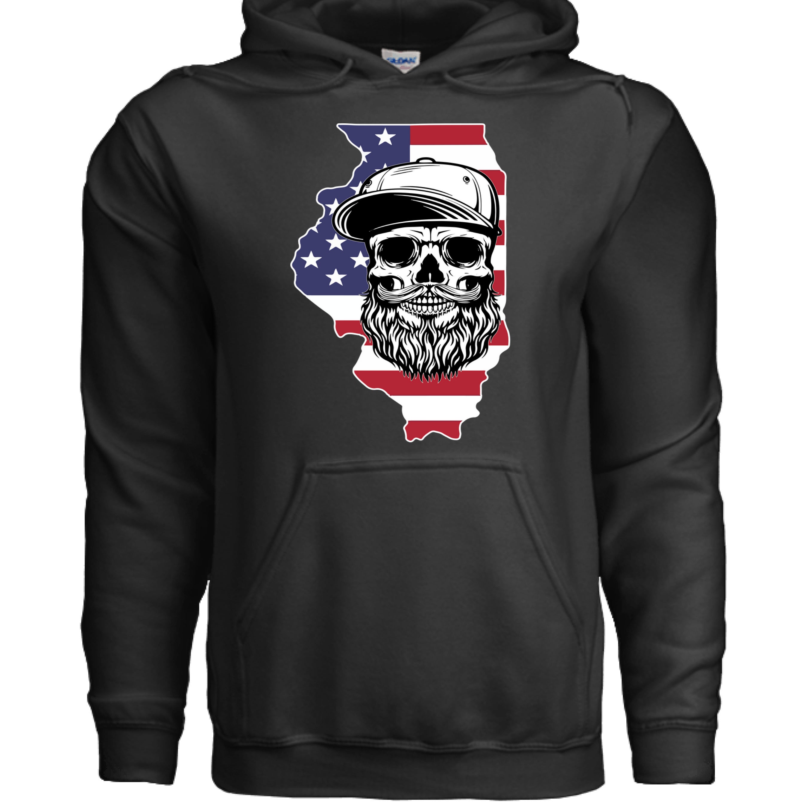 Illinois Bearded Skull Hoodie Midwest Grit, Bearded Power BLACK - FRONT