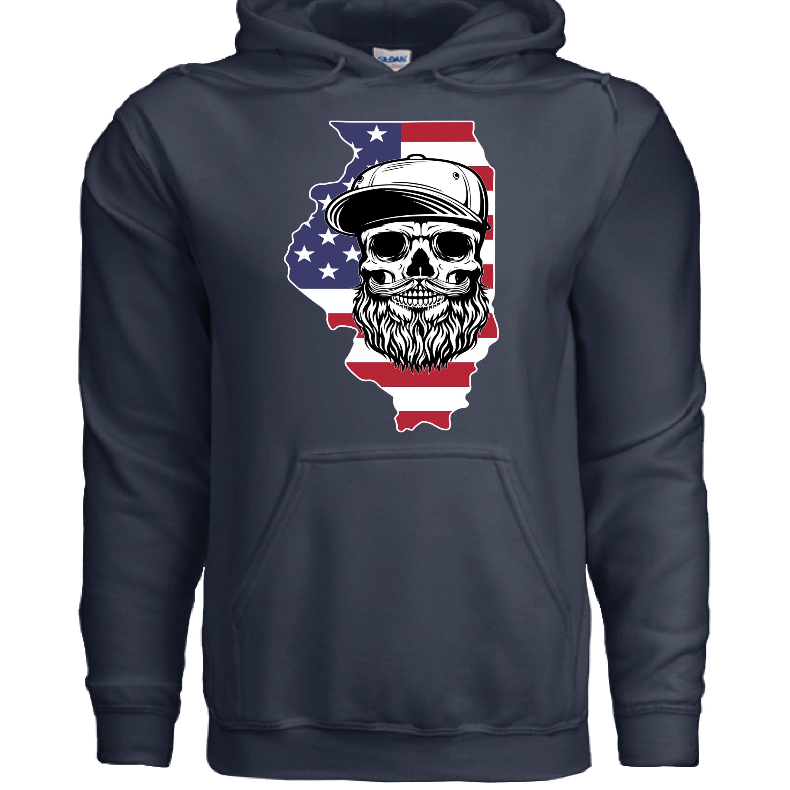 Illinois Bearded Skull Hoodie Midwest Grit, Bearded Power NAVY - FRONT