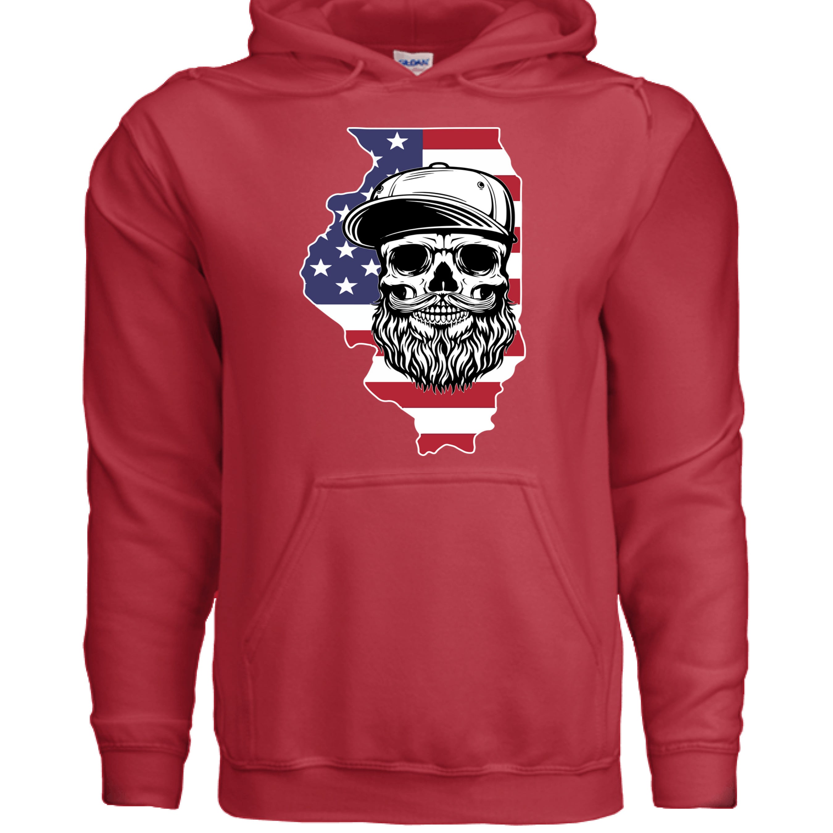 Illinois Bearded Skull Hoodie Midwest Grit, Bearded Power RED - FRONT