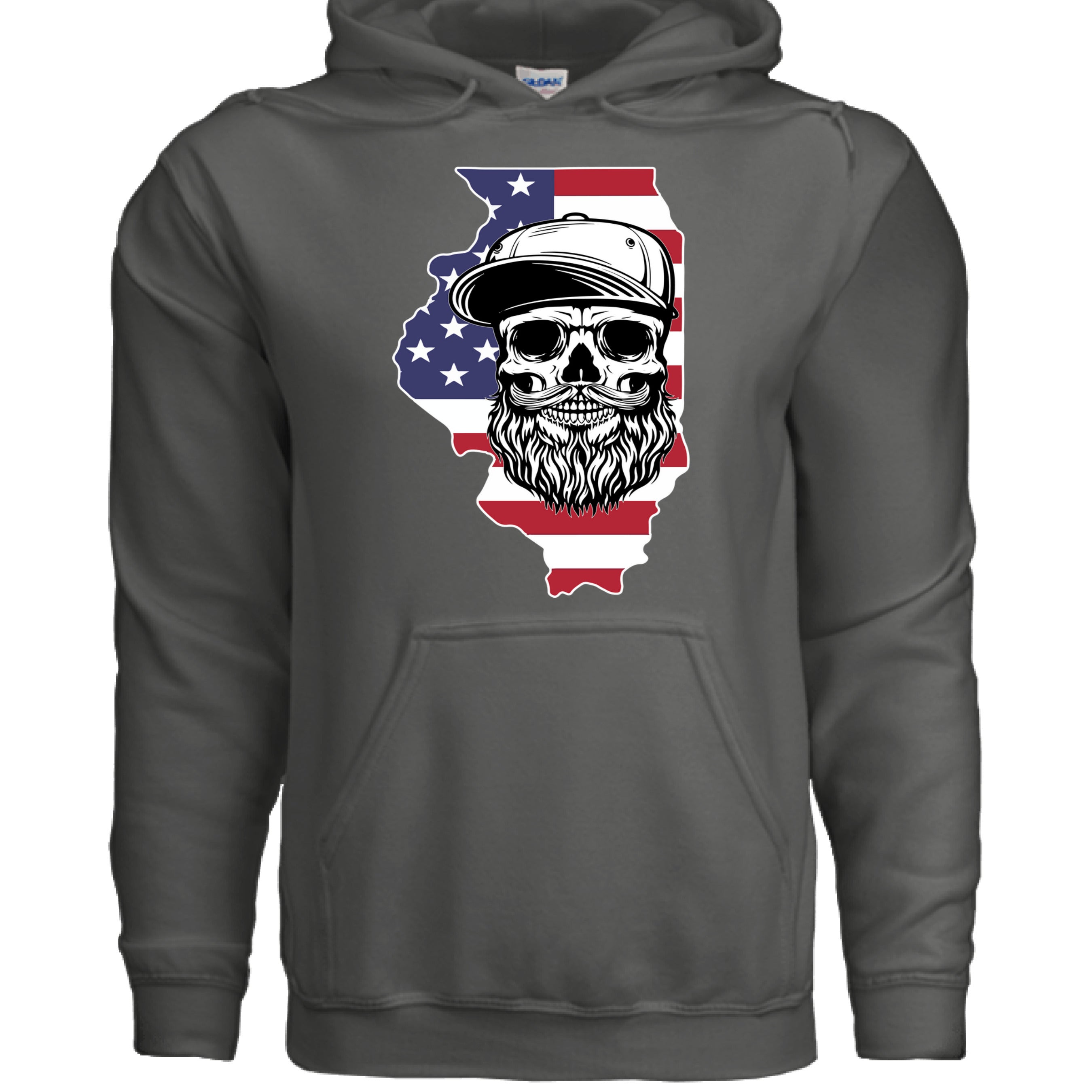Illinois Bearded Skull Hoodie Midwest Grit, Bearded Power CHARCOAL - FRONT