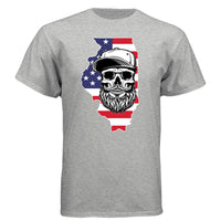 Illinois Bearded Skull Tee Shirt – Midwest Grit, Bearded Power LIGHT STEEL - FRONT