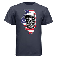 Illinois Bearded Skull Tee Shirt – Midwest Grit, Bearded Power Athletic Navy - FRONT