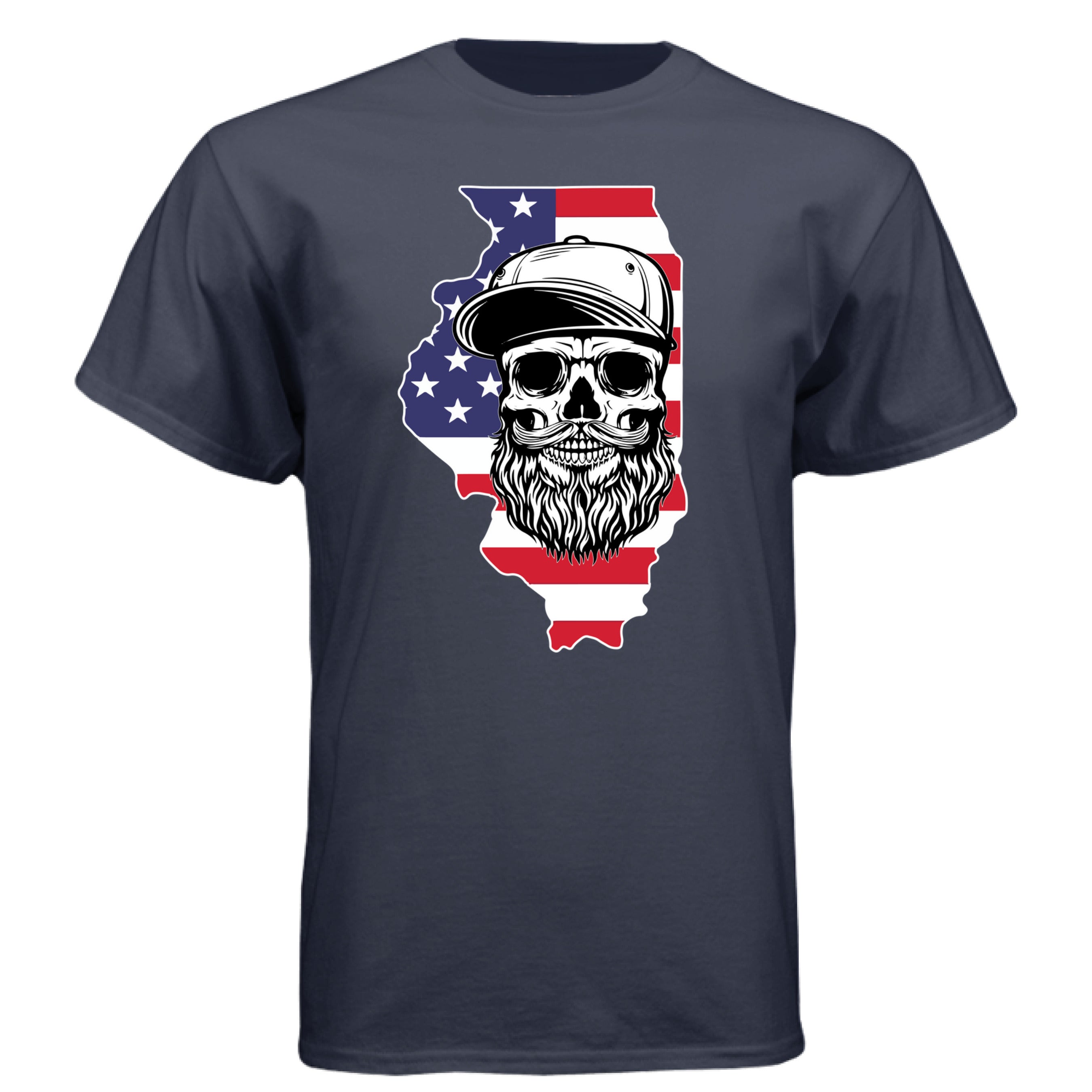 Illinois Bearded Skull Tee Shirt – Midwest Grit, Bearded Power Athletic Navy - FRONT