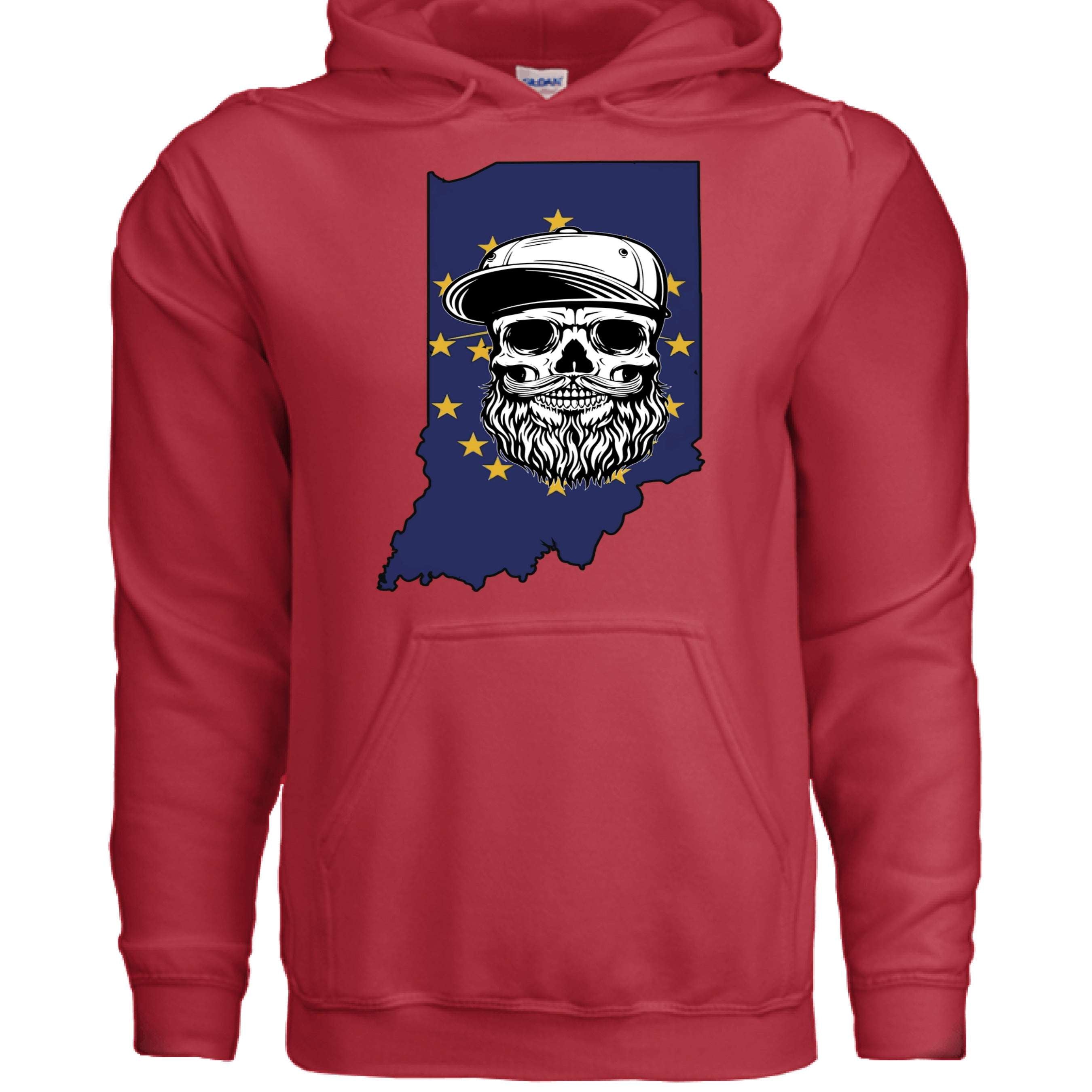 Indiana Bearded Skull Flag Hoodie Bold Style for Proud Beard Men RED - FRONT