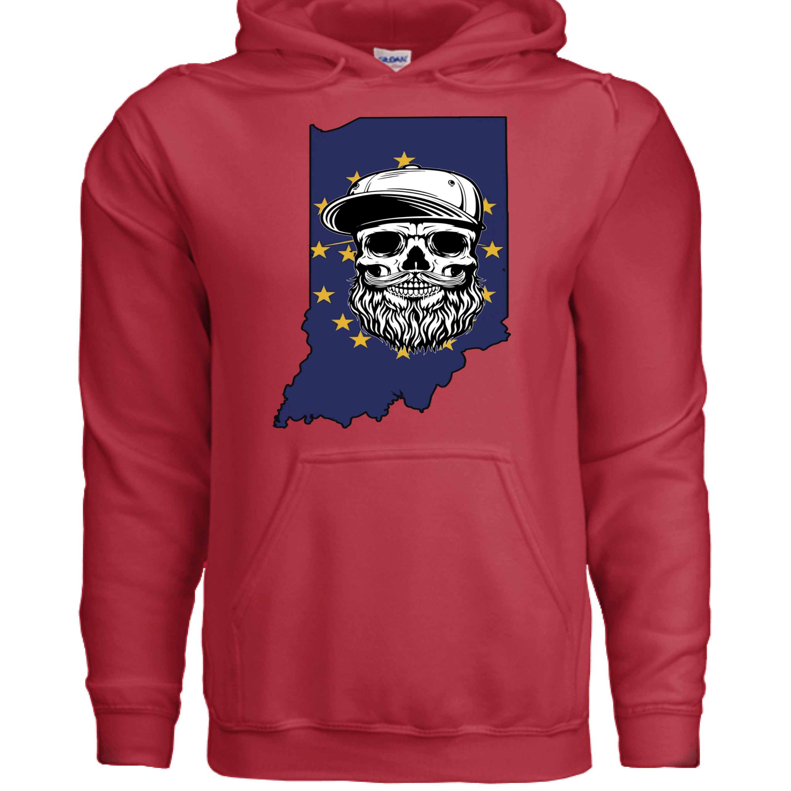 Indiana Bearded Skull Flag Hoodie Bold Style for Proud Beard Men RED - FRONT