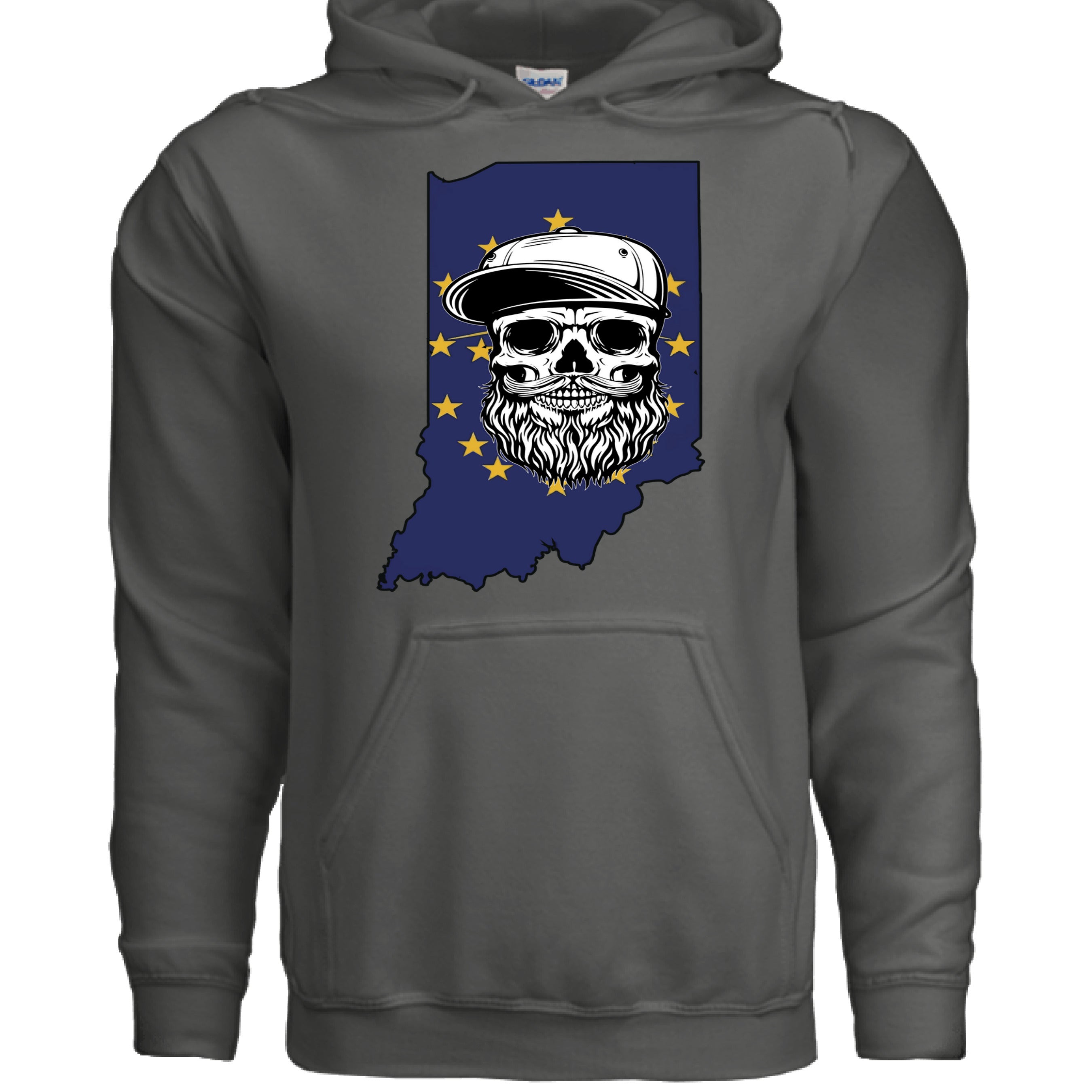 Indiana Bearded Skull Flag Hoodie Bold Style for Proud Beard Men CHARCOAL - FRONT