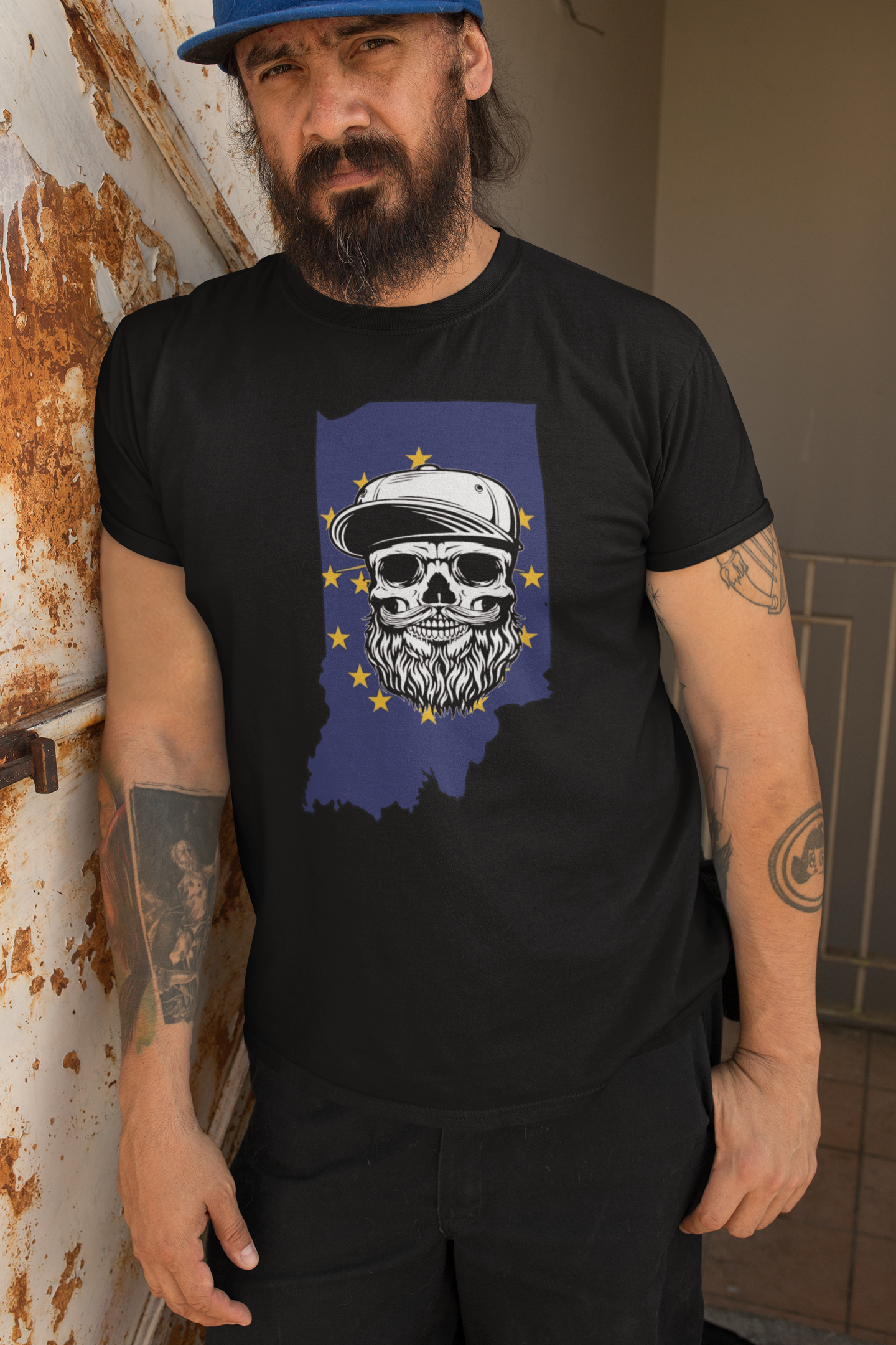 Indiana Bearded Skull Flag T-Shirt – Bold Style for Proud Beard Men Beard Guys Hat Club