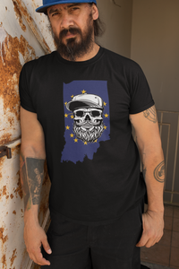 Indiana Bearded Skull Flag T-Shirt – Bold Style for Proud Beard Men Beard Guys Hat Club