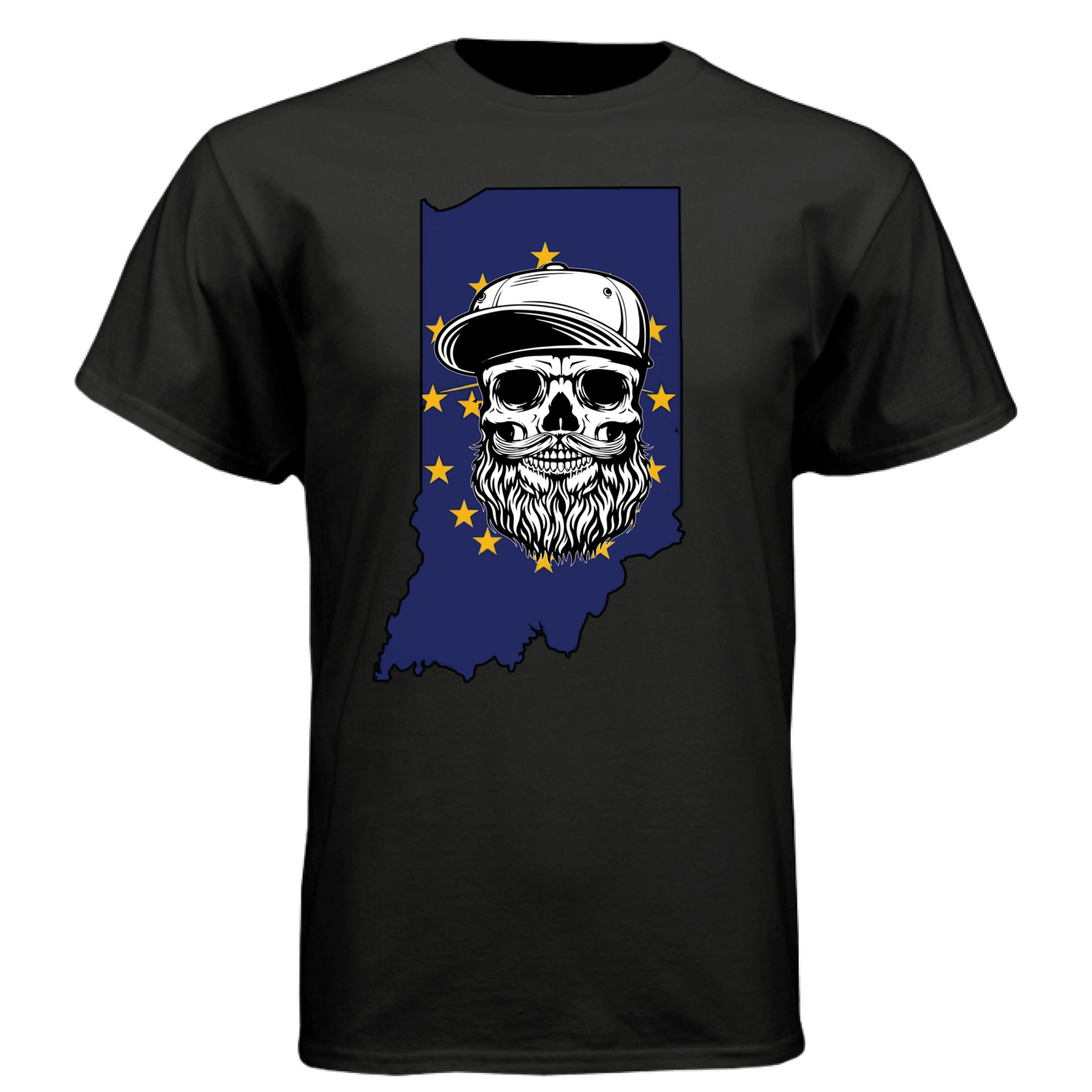 Indiana Bearded Skull Flag T-Shirt – Bold Style for Proud Beard Men  BLACK - FRONT
