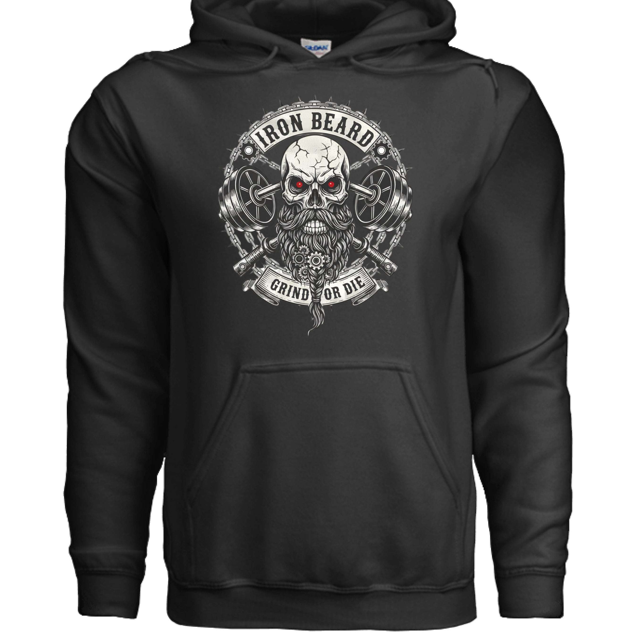 Iron Beard Grind or Die Hoodie Hardcore Skull & Chains Strength Bearded Artwork BLACK - FRONT