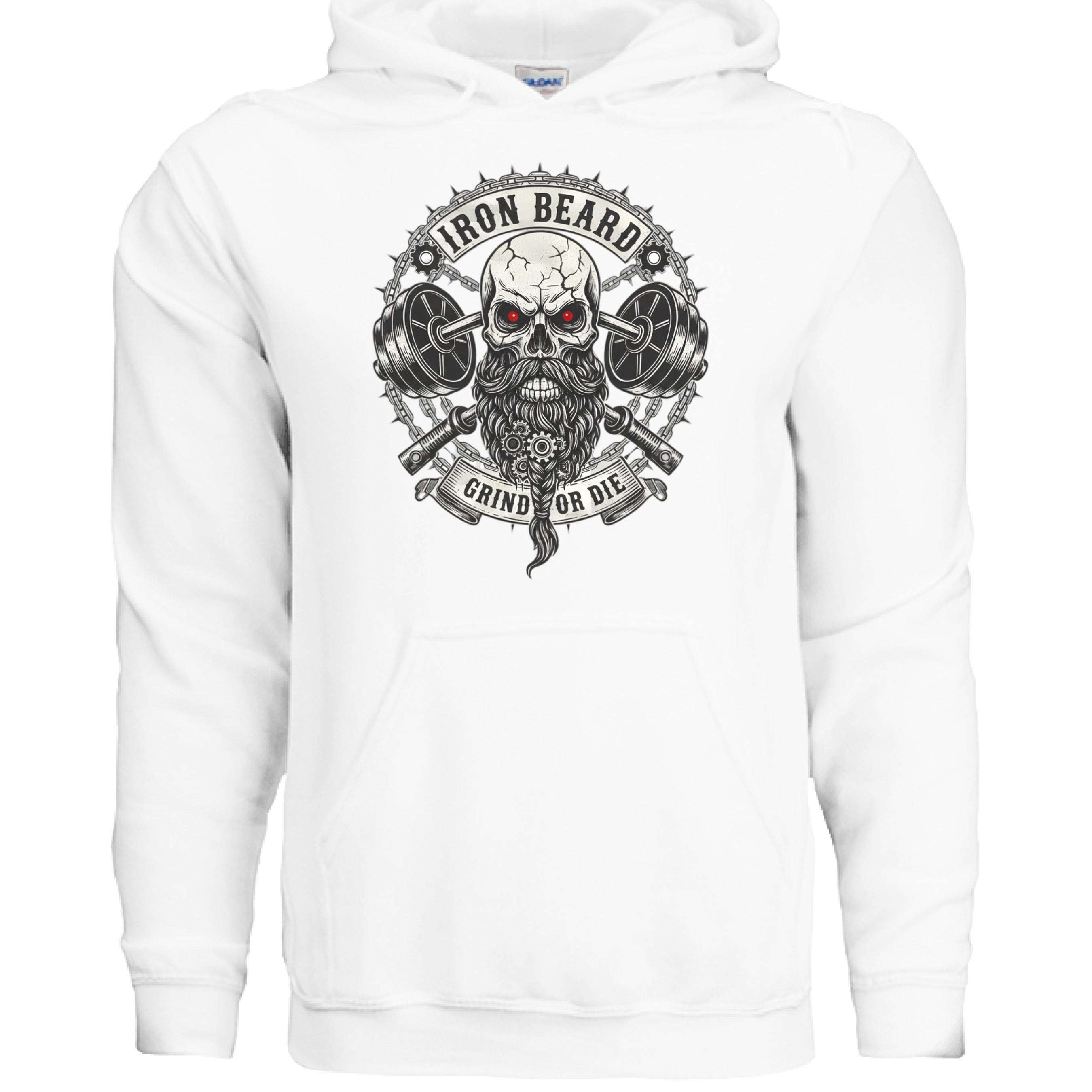 Iron Beard Grind or Die Hoodie Hardcore Skull & Chains Strength Bearded Artwork WHITE - FRONT