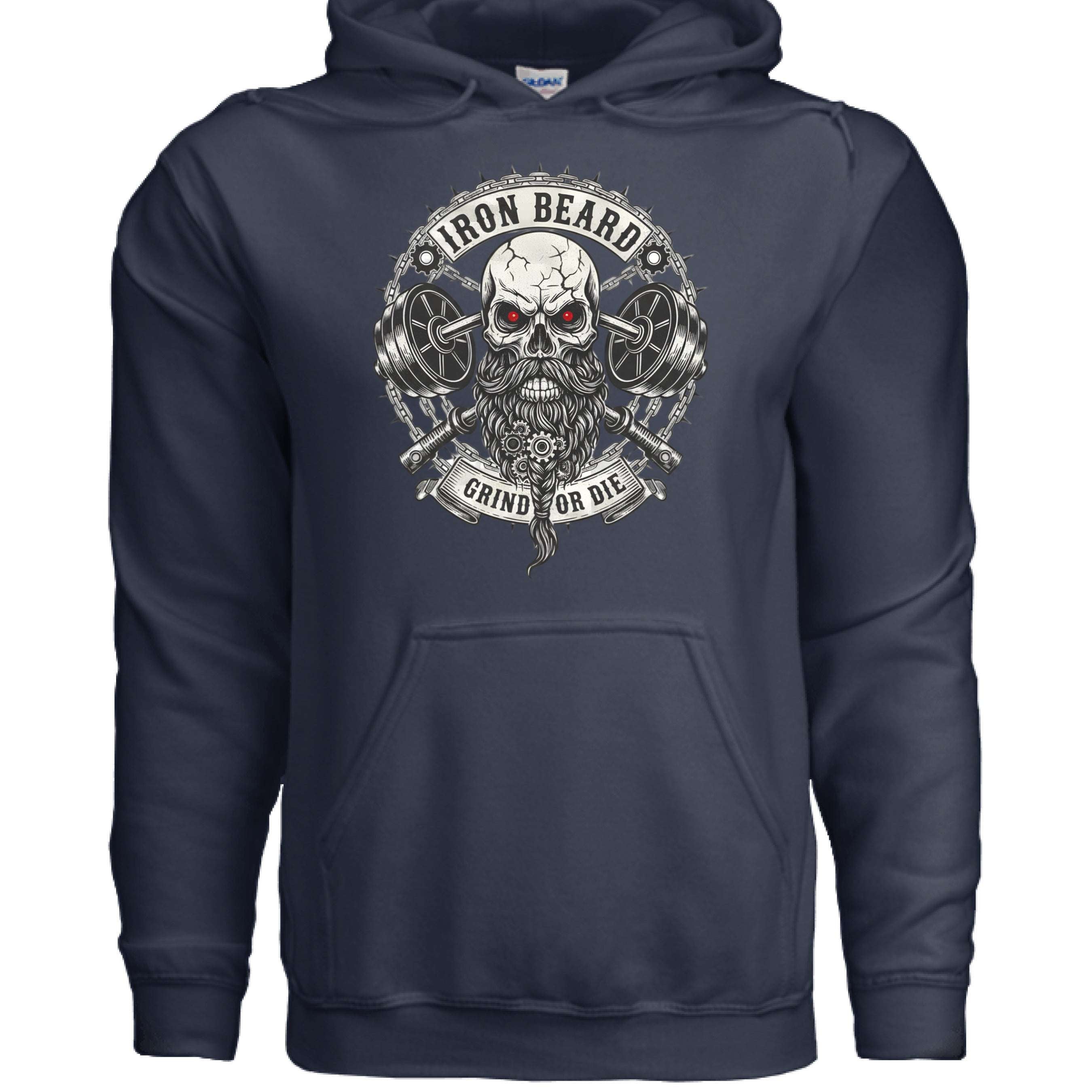 Iron Beard Grind or Die Hoodie Hardcore Skull & Chains Strength Bearded Artwork NAVY - FRONT