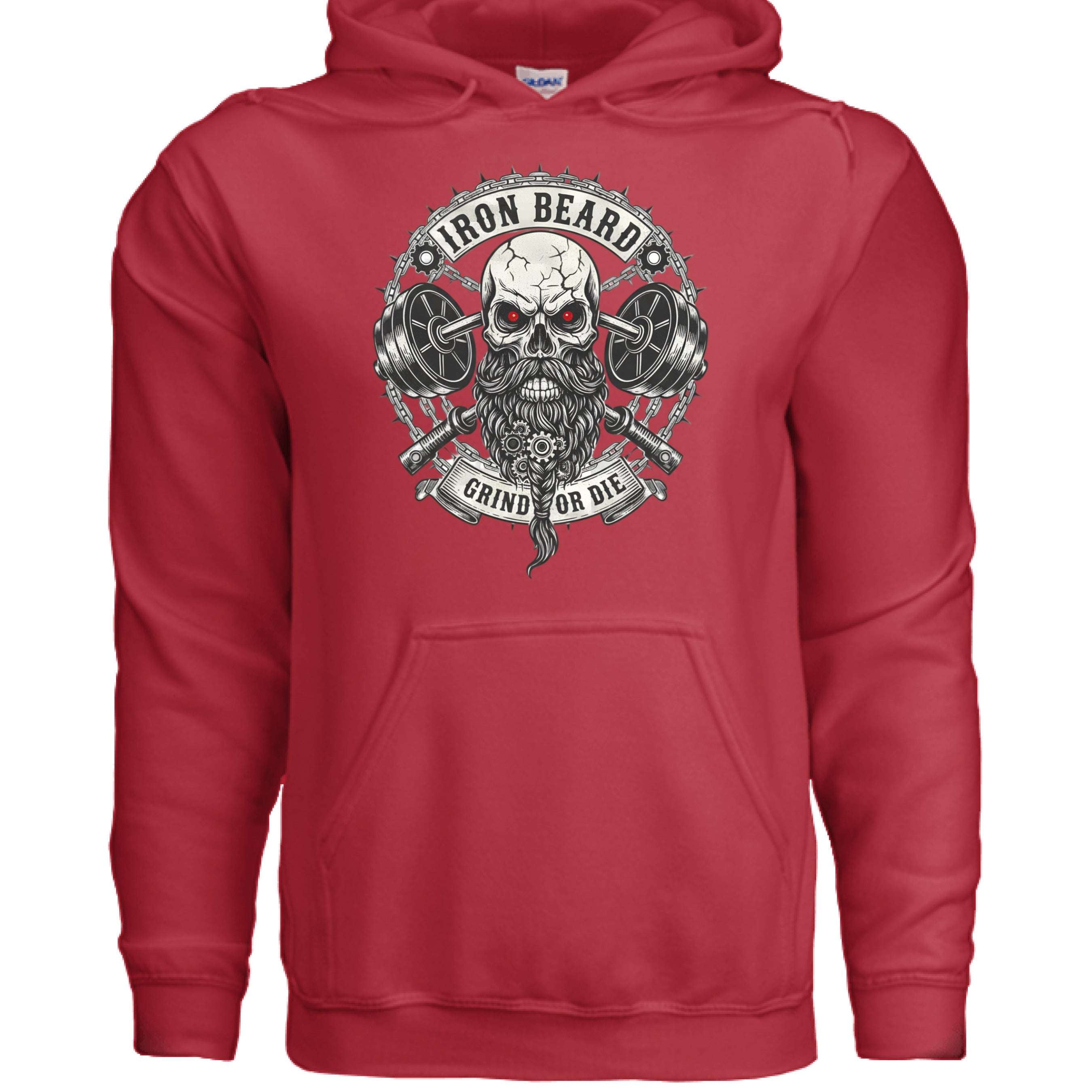 Iron Beard Grind or Die Hoodie Hardcore Skull & Chains Strength Bearded Artwork RED - FRONT