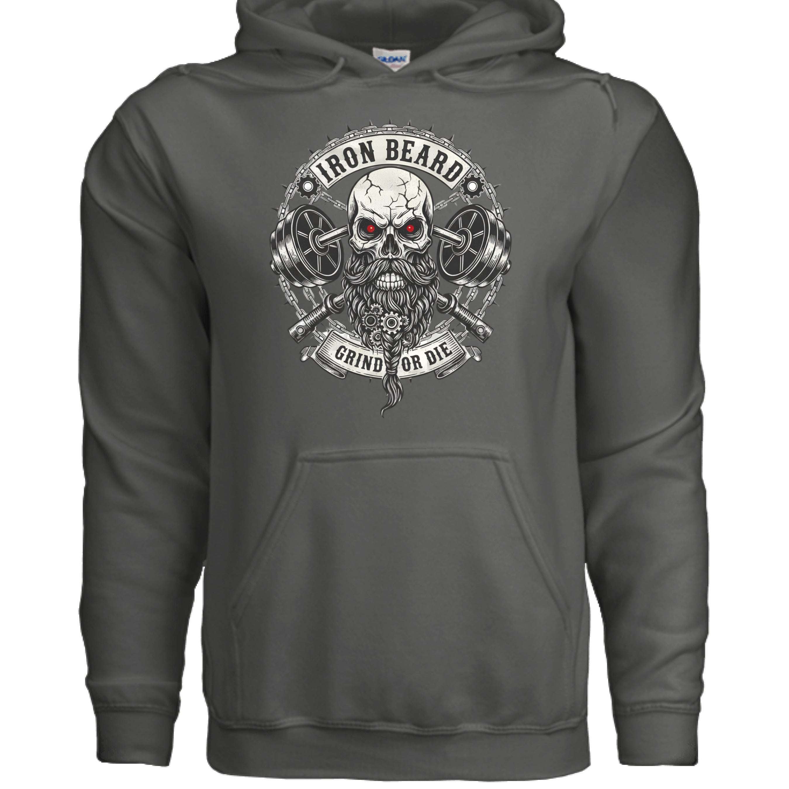 Iron Beard Grind or Die Hoodie Hardcore Skull & Chains Strength Bearded Artwork CHARCOAL - FRONT