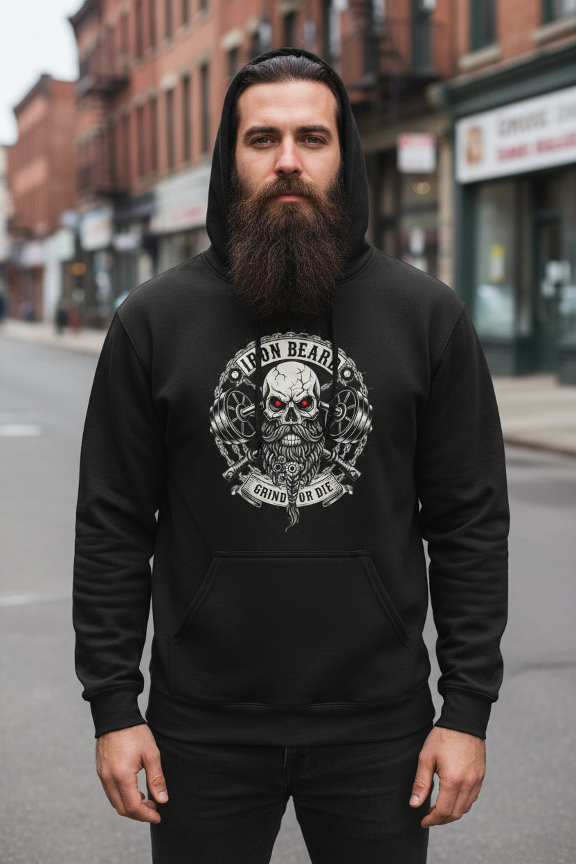 Iron Beard Grind or Die Hoodie Hardcore Skull & Chains Strength Bearded Artwork