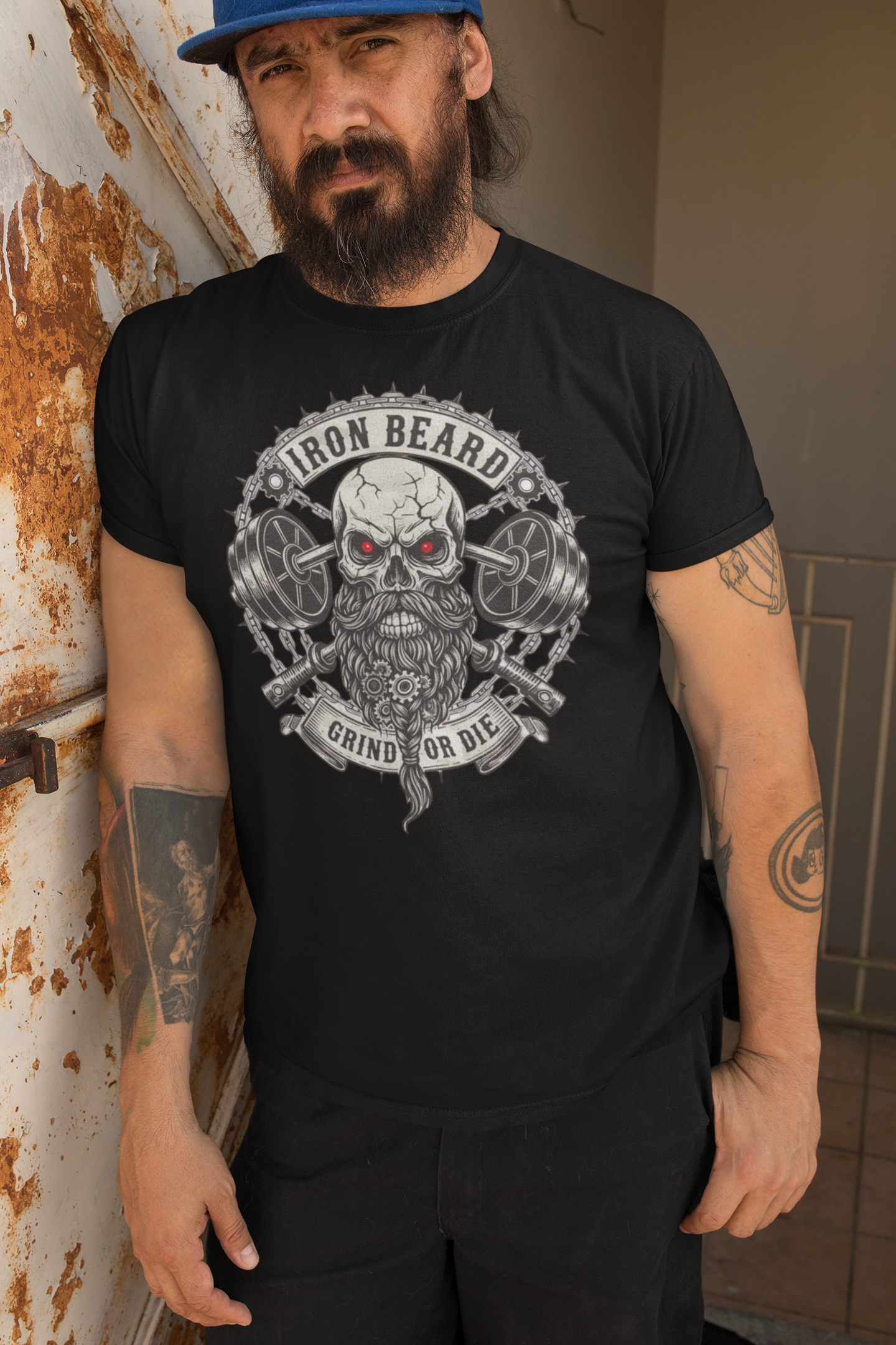 Iron Beard Grind or Die Tee Shirt Hardcore Skull & Chains Strength Bearded Artwork