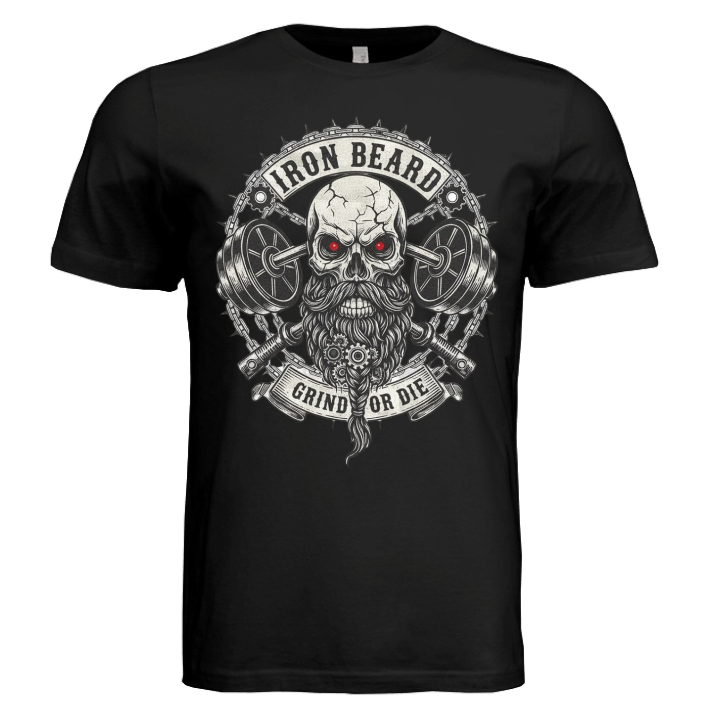Iron Beard Grind or Die Tee Shirt Hardcore Skull & Chains Strength Bearded Artwork