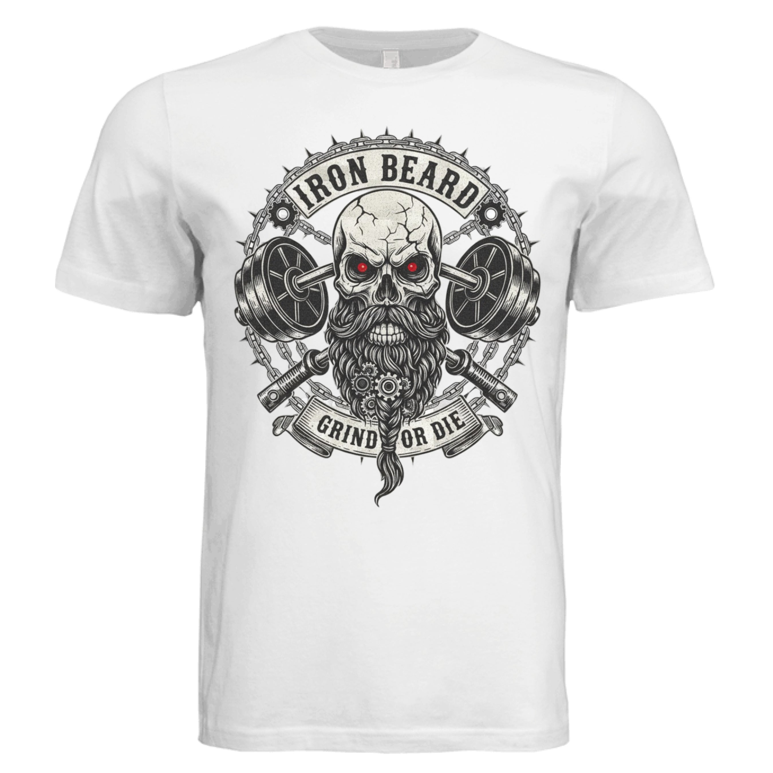 Iron Beard Grind or Die Tee Shirt Hardcore Skull & Chains Strength Bearded Artwork WHITE - FRONT