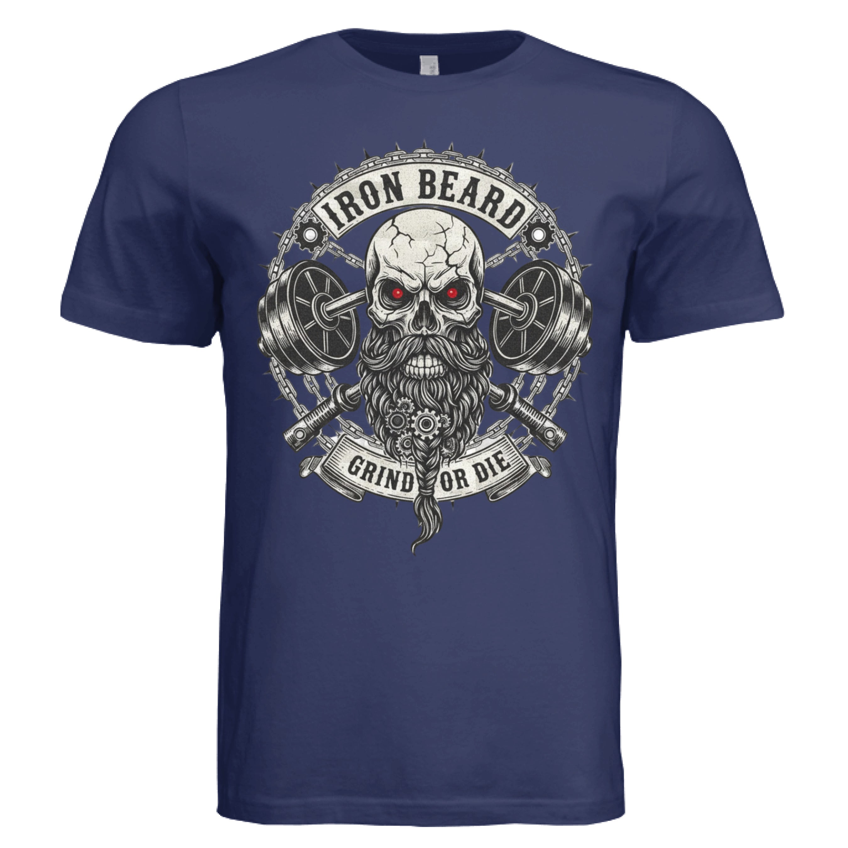 Iron Beard Grind or Die Tee Shirt Hardcore Skull & Chains Strength Bearded Artwork NAVY - FRONT