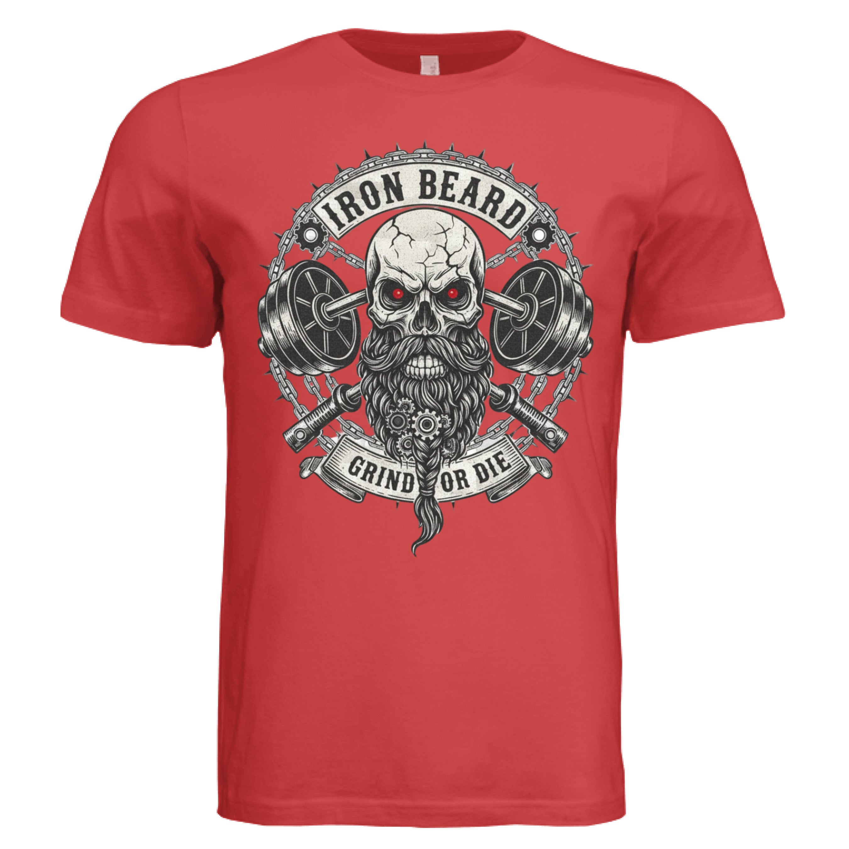 Iron Beard Grind or Die Tee Shirt Hardcore Skull & Chains Strength Bearded Artwork RED - FRONT