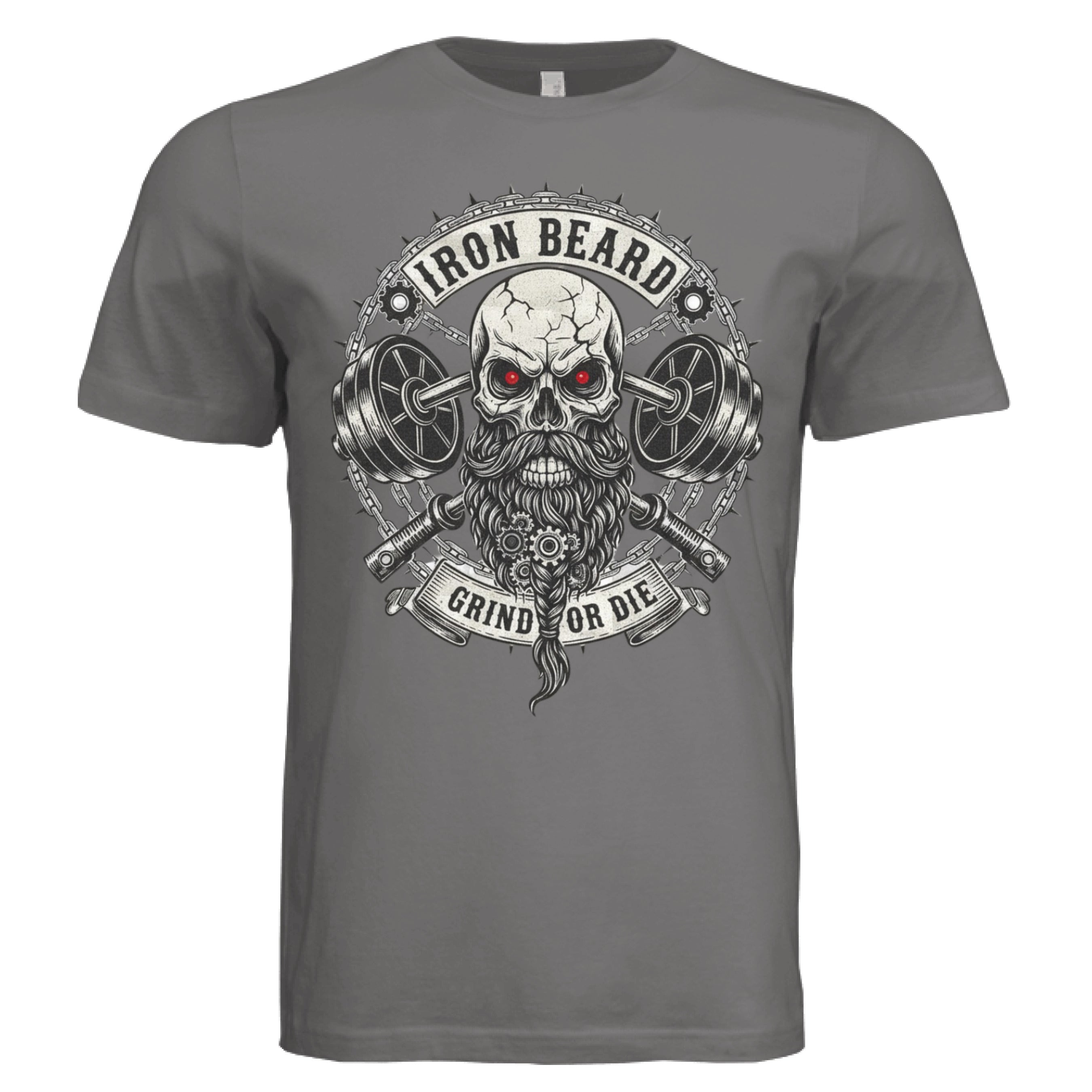 Iron Beard Grind or Die Tee Shirt Hardcore Skull & Chains Strength Bearded Artwork DARK GREY - FRONT