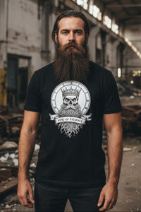 Person wearing King of Patience Gothic Beard T-Shirt featuring crowned skull and flowing beard design.