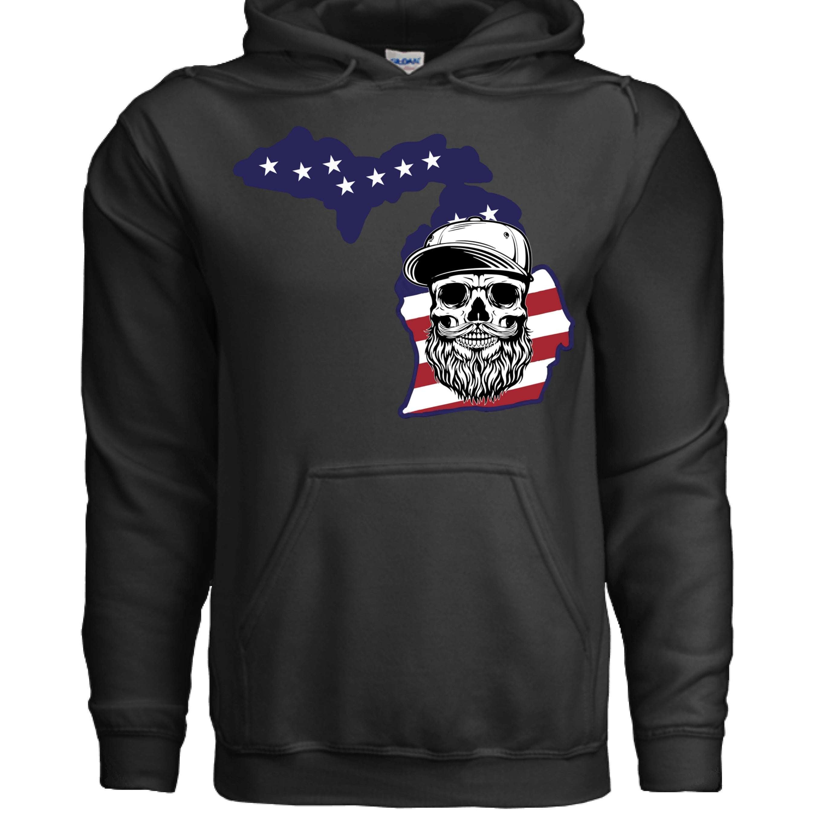 Michigan Bearded Skull Hoodie Great Lakes Beard Pride BLACK - FRONT