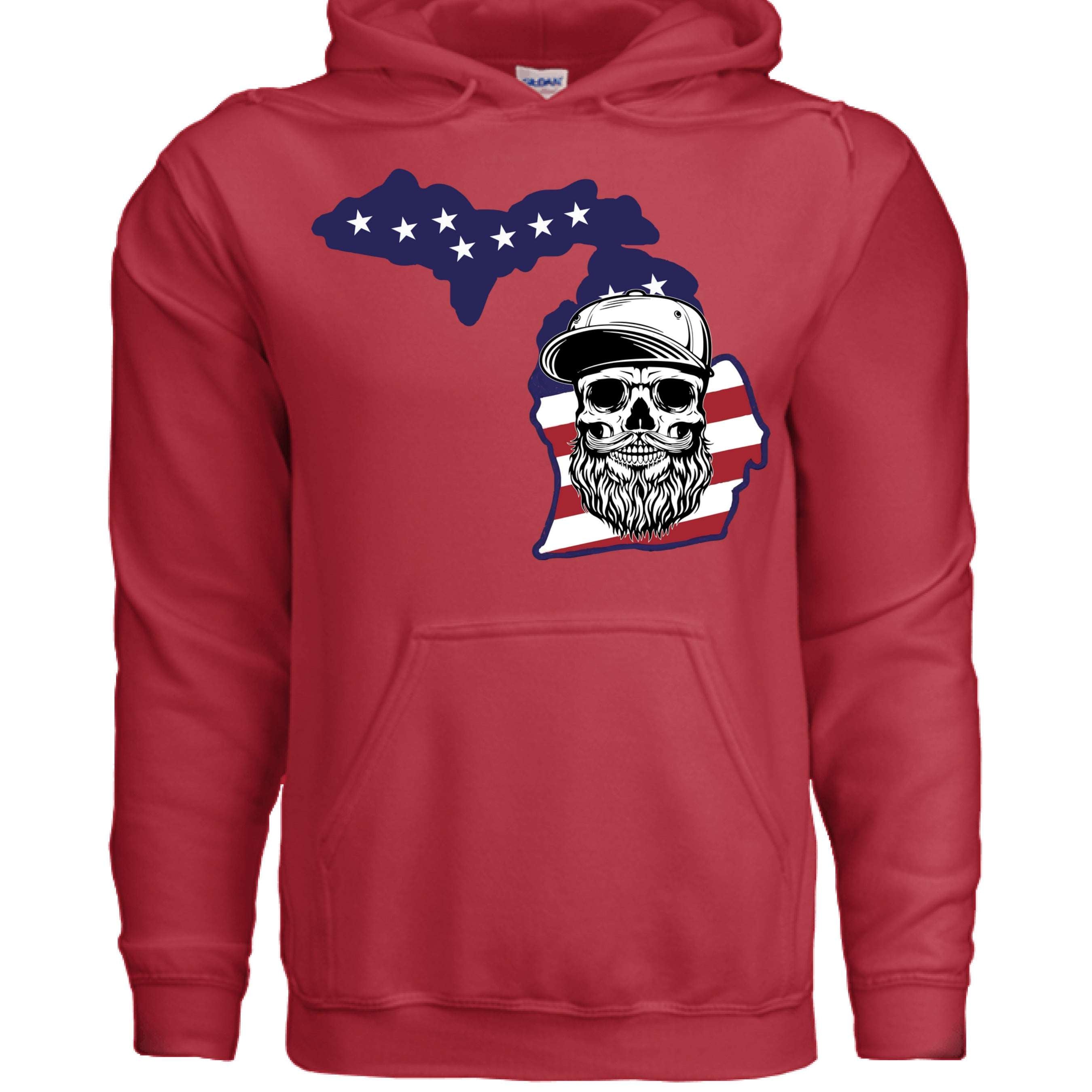 Michigan Bearded Skull Hoodie Great Lakes Beard Pride RED - FRONT