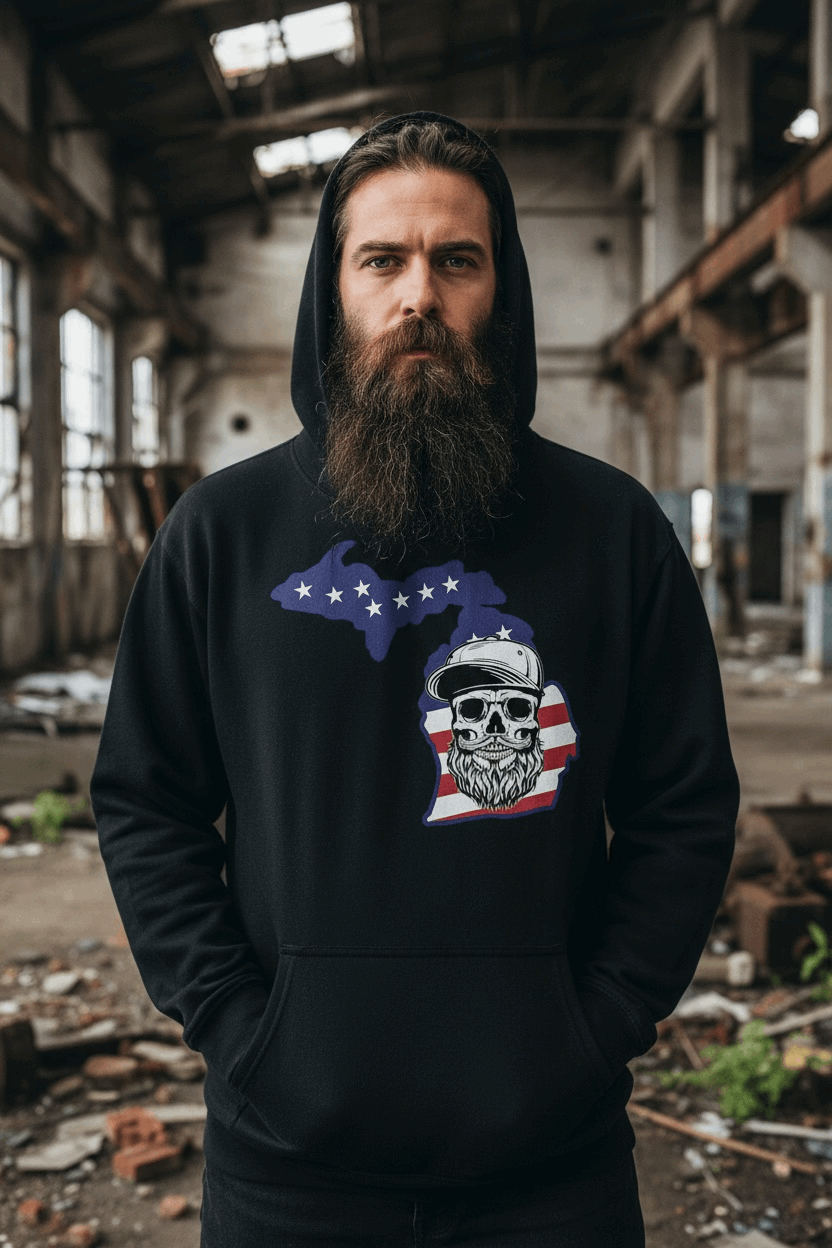 Michigan Bearded Skull Hoodie Great Lakes Beard Pride