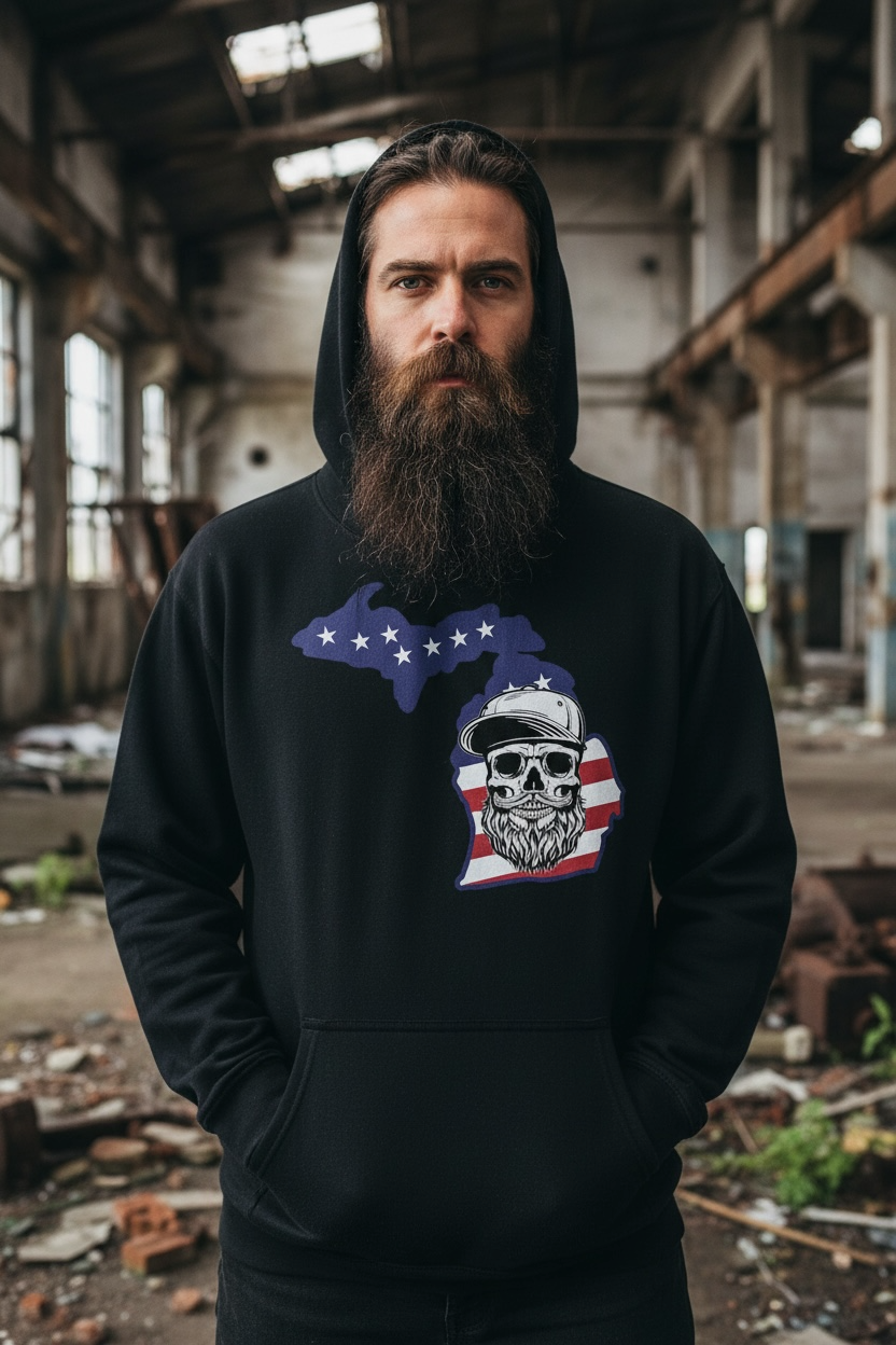 Michigan Bearded Skull Hoodie Great Lakes Beard Pride
