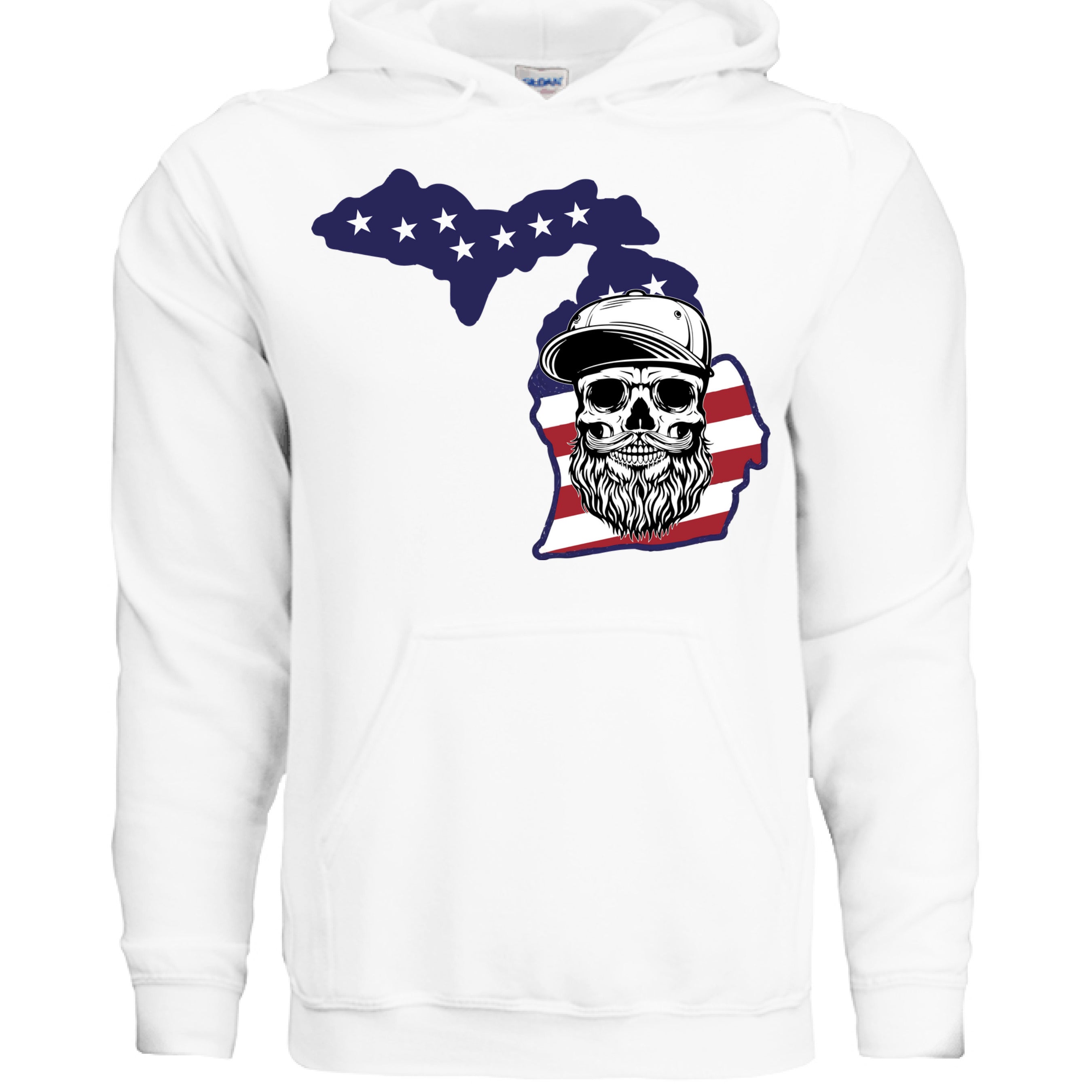 Michigan Bearded Skull Hoodie Great Lakes Beard Pride WHITE - FRONT