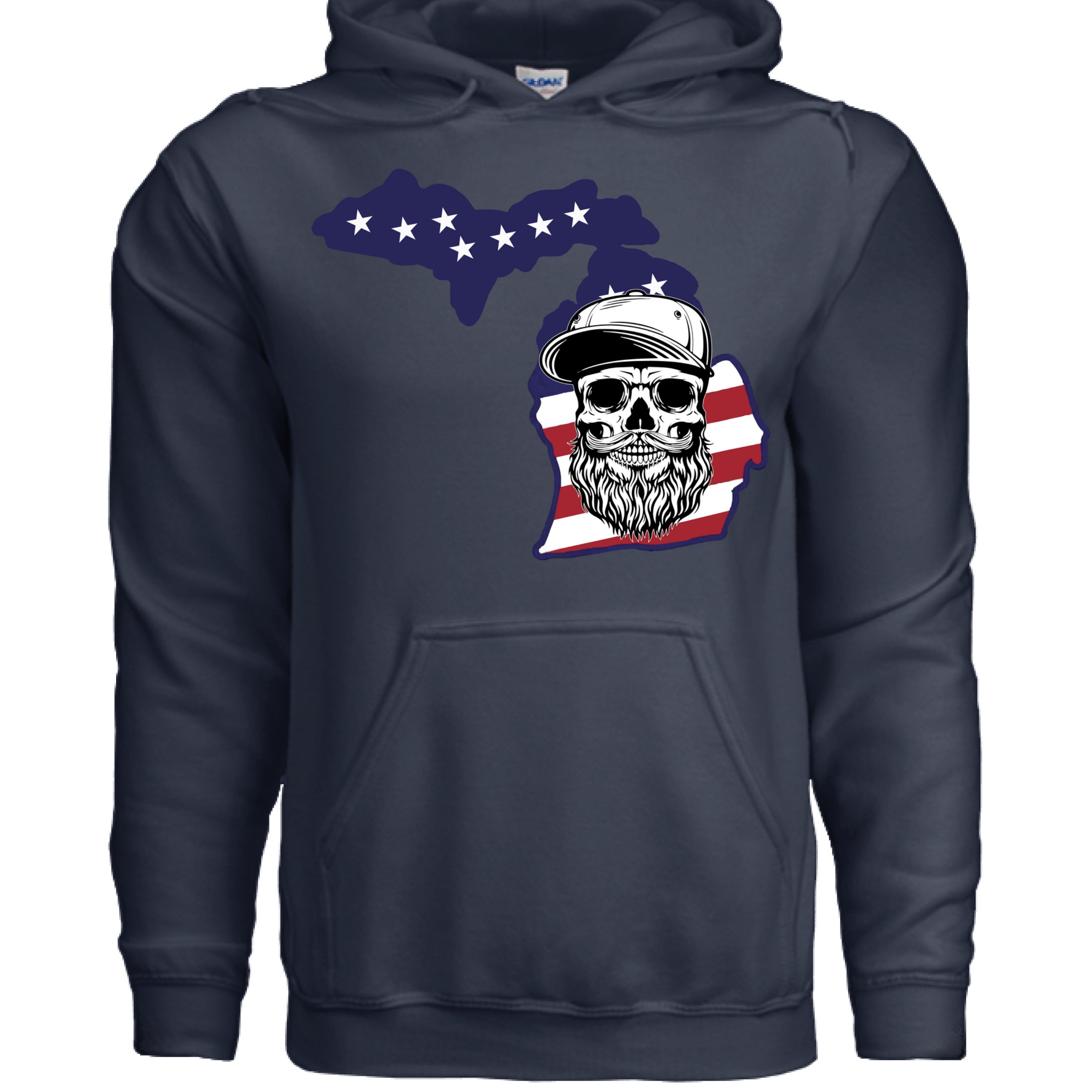 Michigan Bearded Skull Hoodie Great Lakes Beard Pride NAVY - FRONT