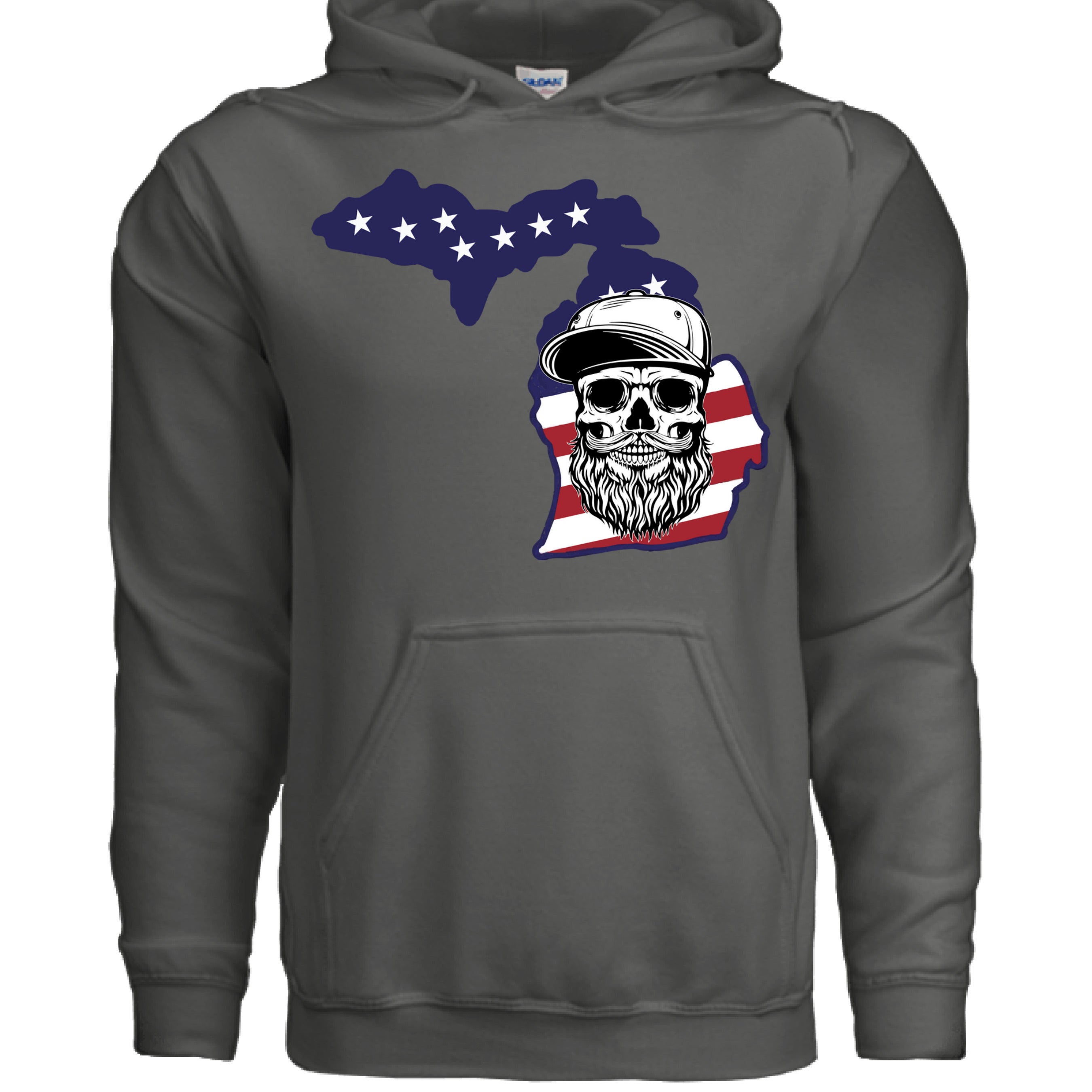 Michigan Bearded Skull Hoodie Great Lakes Beard Pride CHARCOAL - FRONT