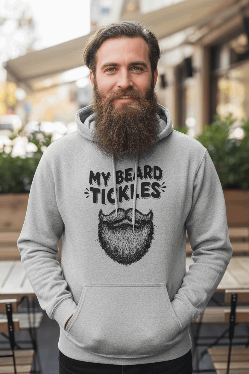 My Beard Tickles Bearded Playful Hoodie Beard Humor front view,  My Beard Tickles Bearded Playful Hoodie Beard Humor graphic detail,  My Beard Tickles Bearded Playful Hoodie side angle , Playful beard humor hoodie close up