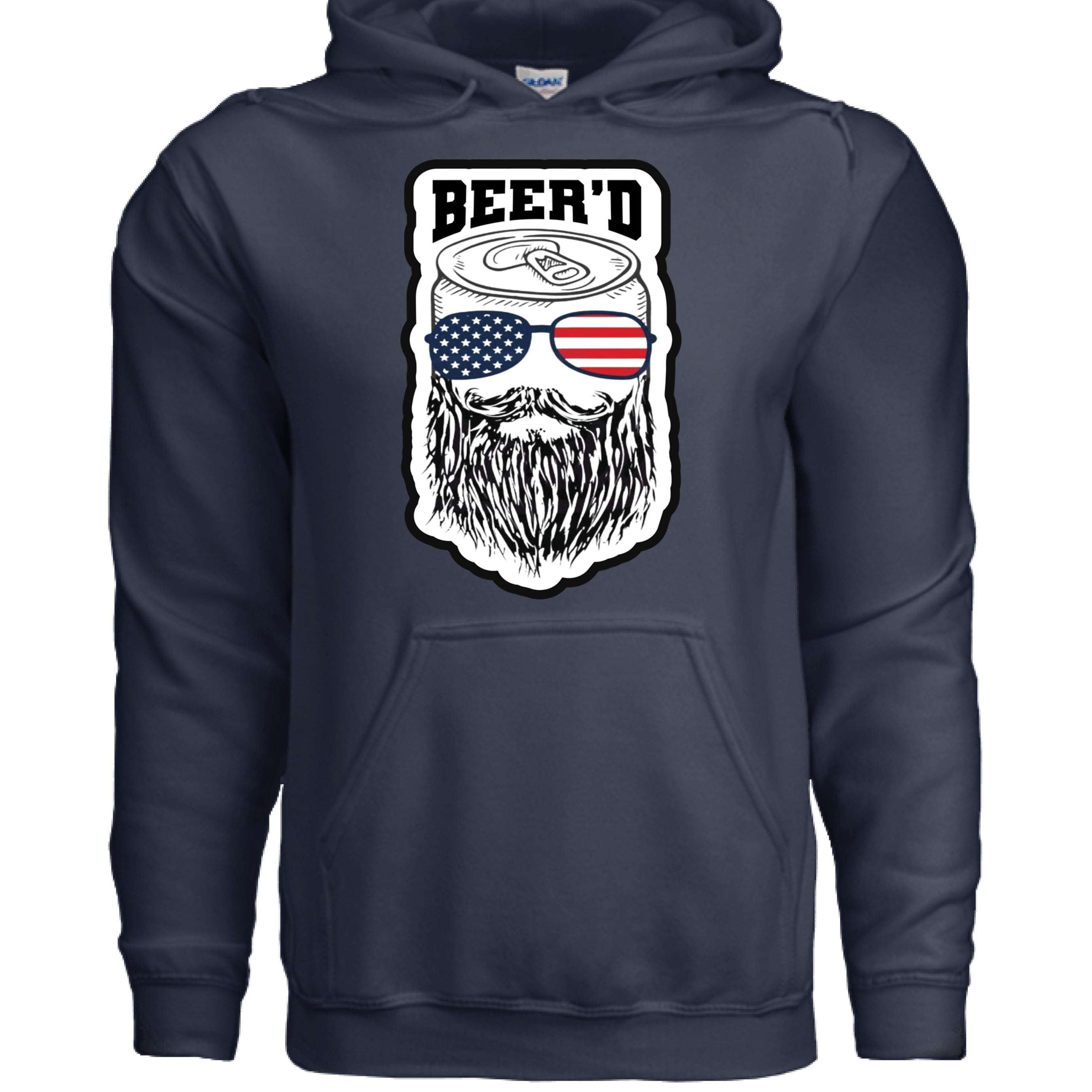 Patriotic Beer’d Bearded Beer Hoodie featuring a bearded figure with sunglasses and an American flag design.