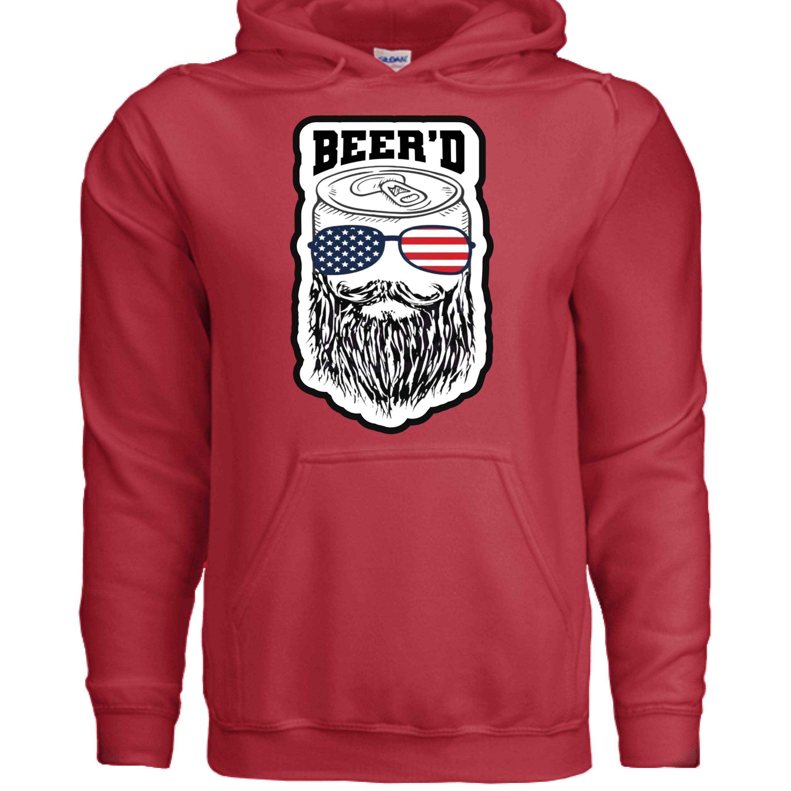 Patriotic Beer’d Bearded Beer Hoodie featuring a bearded man with beer can sunglasses in red, perfect for guys with beards.