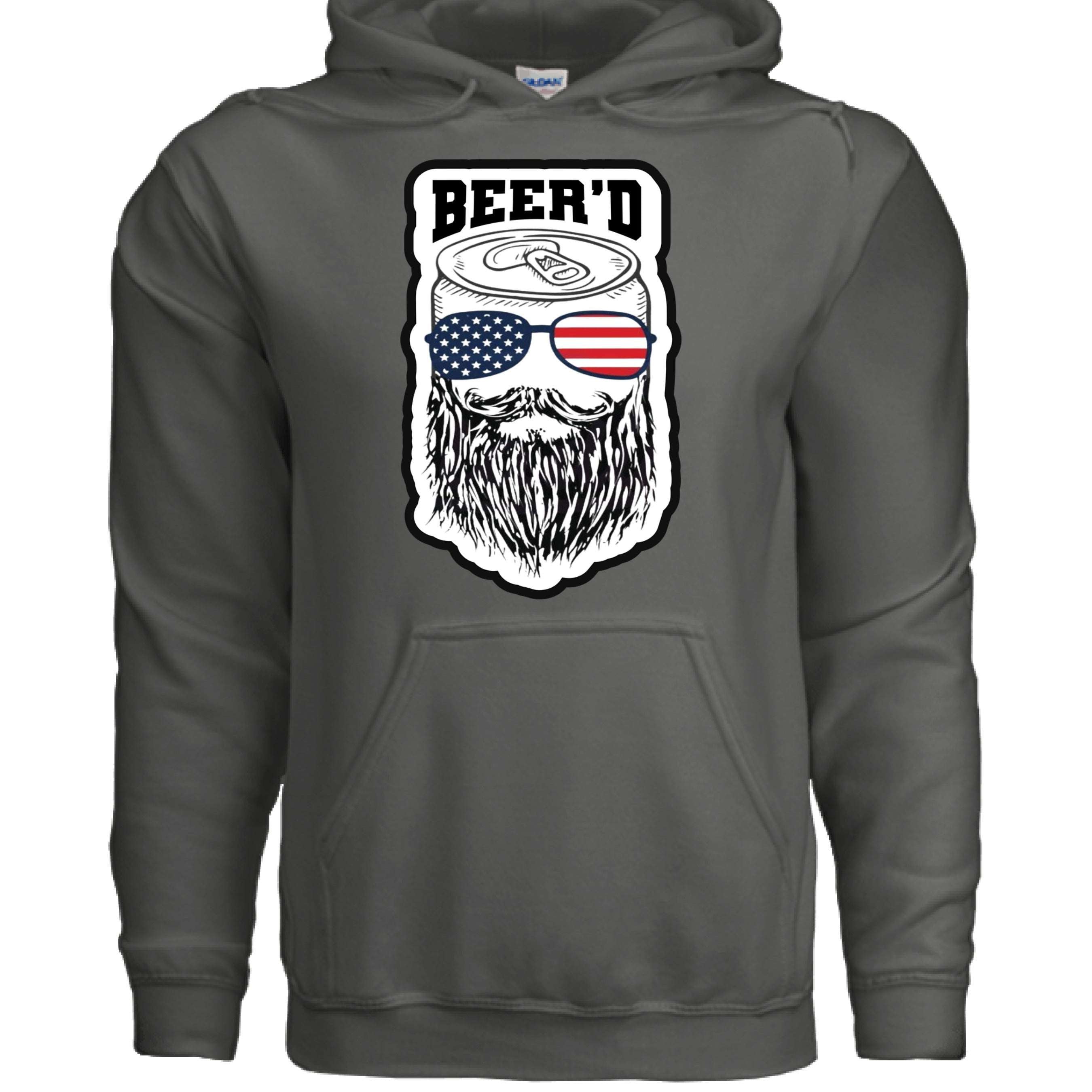 Patriotic Beer’d Bearded Beer hoodie featuring a bearded man with patriotic glasses on a gray background.