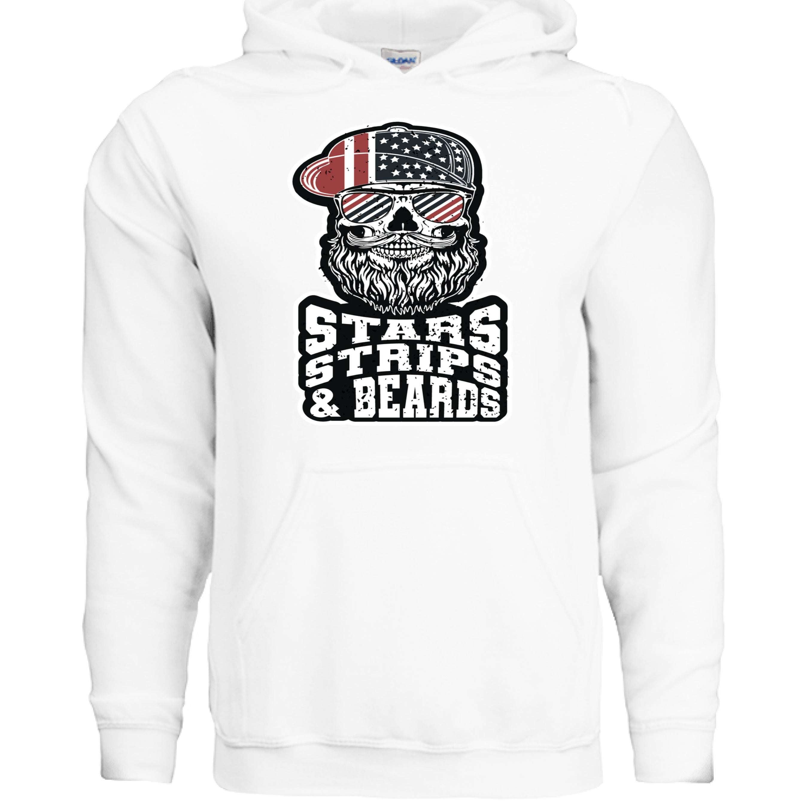 White hoodie featuring a patriotic bearded skull design with the text 'Stars Strips And Beards'.